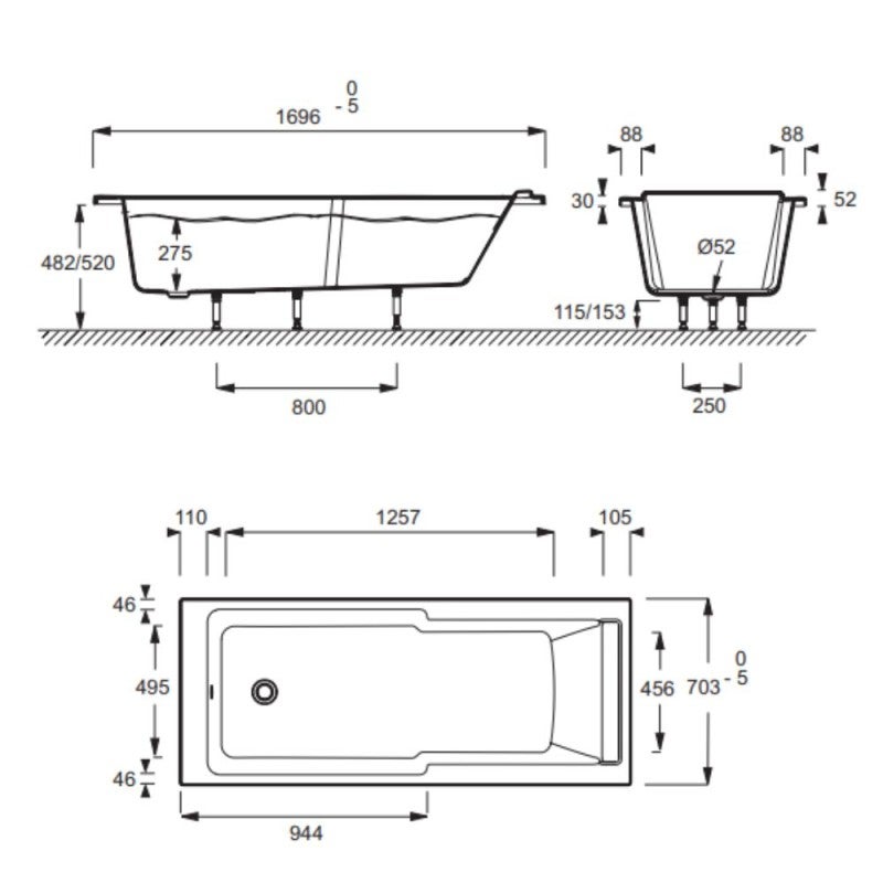 Baignoire bain douche JACOB DELAFON Struktura compacte Acrylique renforcé 170 x 70 - 3