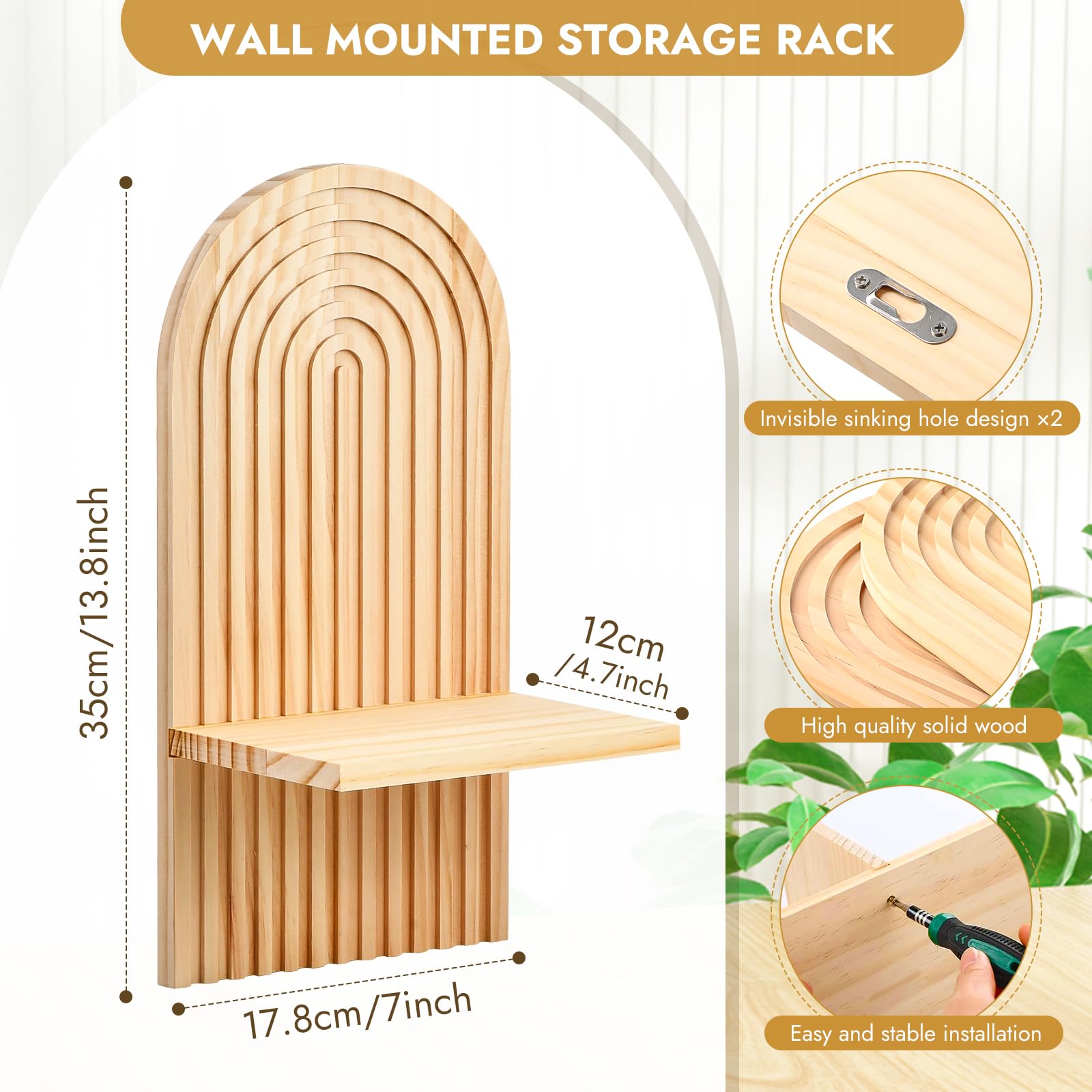 Étagère Murale Bohème en Bois, Étagère Flottante avec Fixation Cachée, Décoration Murale pour Salon, Chambre, Entrée, Chambre d’Enfant - 3