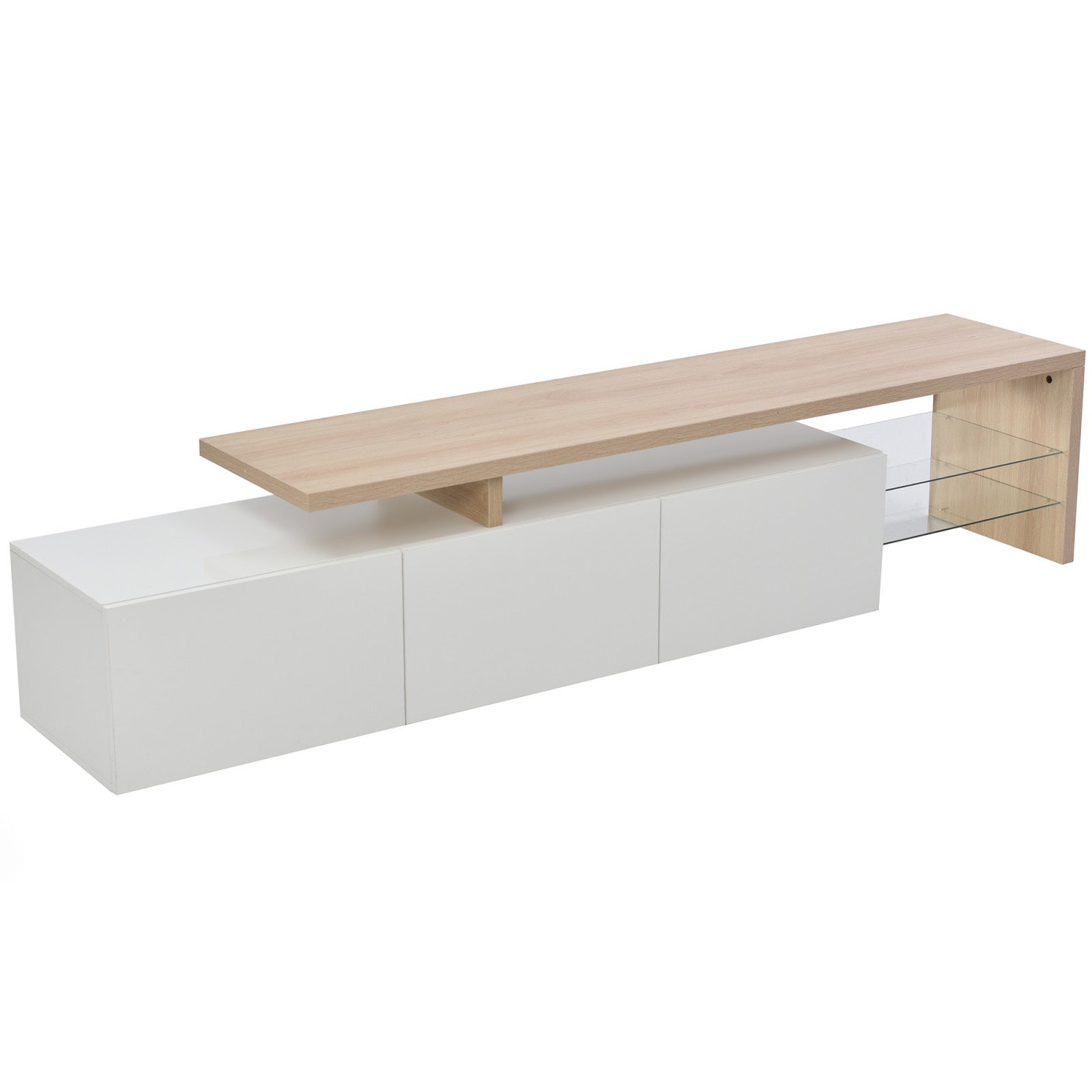 Meuble TV 200 cm, Support pour Téléviseur 75 Pouces, lumières LED variables, design 3 portes, étagères verre, Cadre en Bois, 200x39x42 cm - Blanc - 10