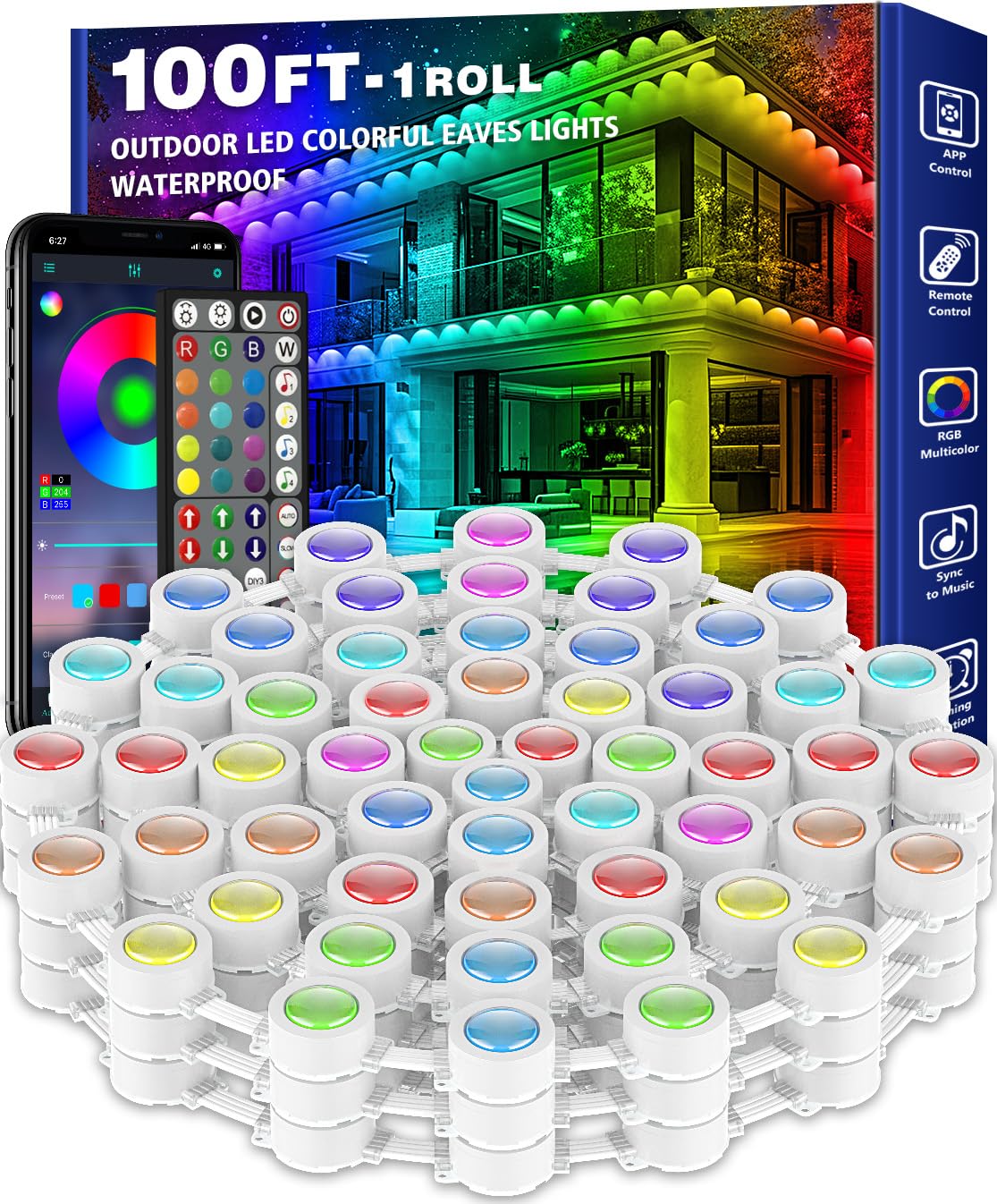 Zewnętrzna girlanda świetlna RGB 30 m, stałe oświetlenie zewnętrzne, wodoodporność IP67, z aplikacją/pilotem, do dekoracji świątecznych, oświetlenie