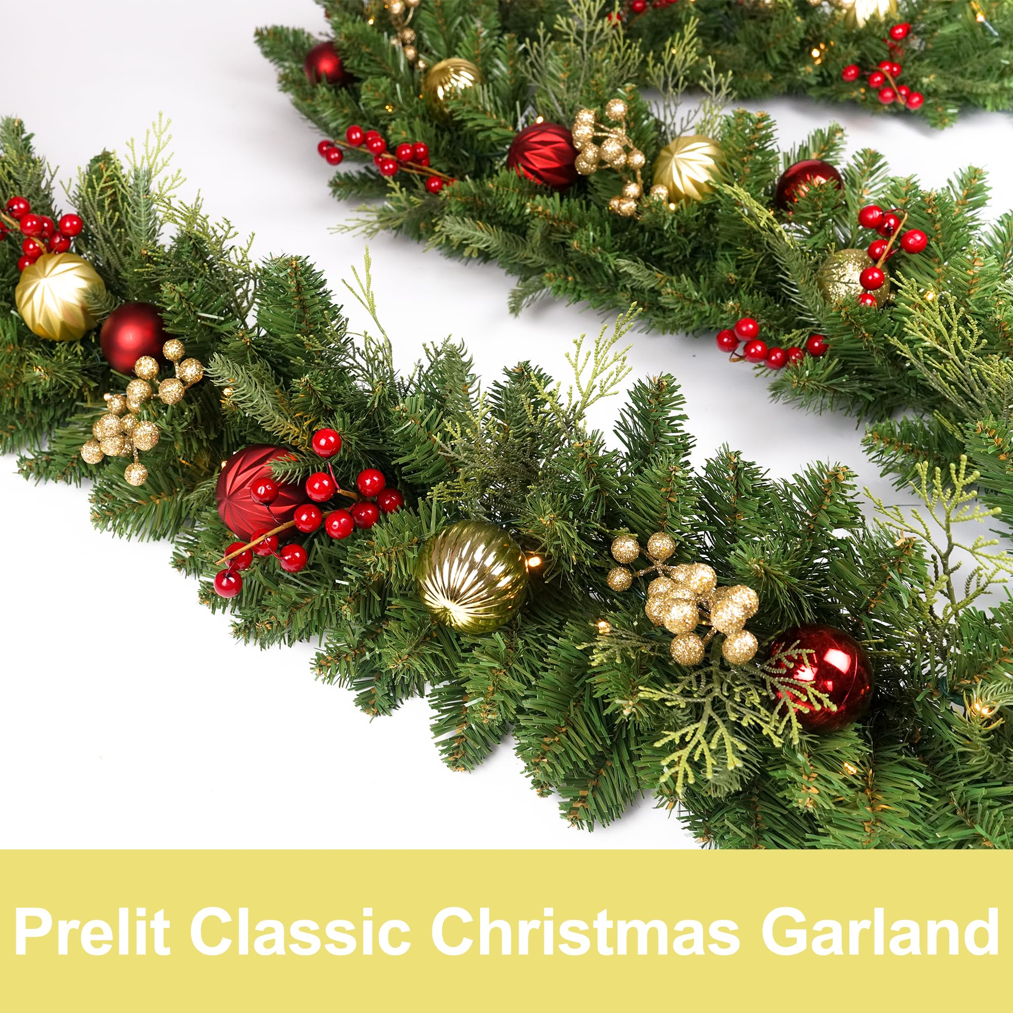 Couronne de Noël à LED de 2,7 m avec lumières LED, baies de pin rouge, boules de Noël, couronne de Noël pré-enfilée, lumière chaude, pour manteaux - 5