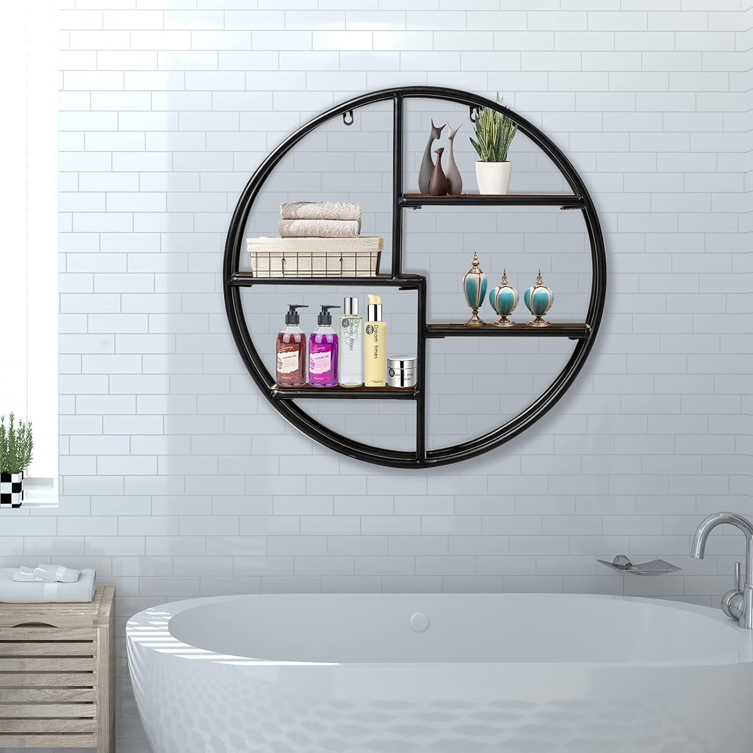 Étagère Murale Ronde, Étagère Suspendue avec 4 étagères en Bois et Métal, Design Industriel, Décoration Murale pour Salon, Salle de Bain, 55x55x11cm - 4