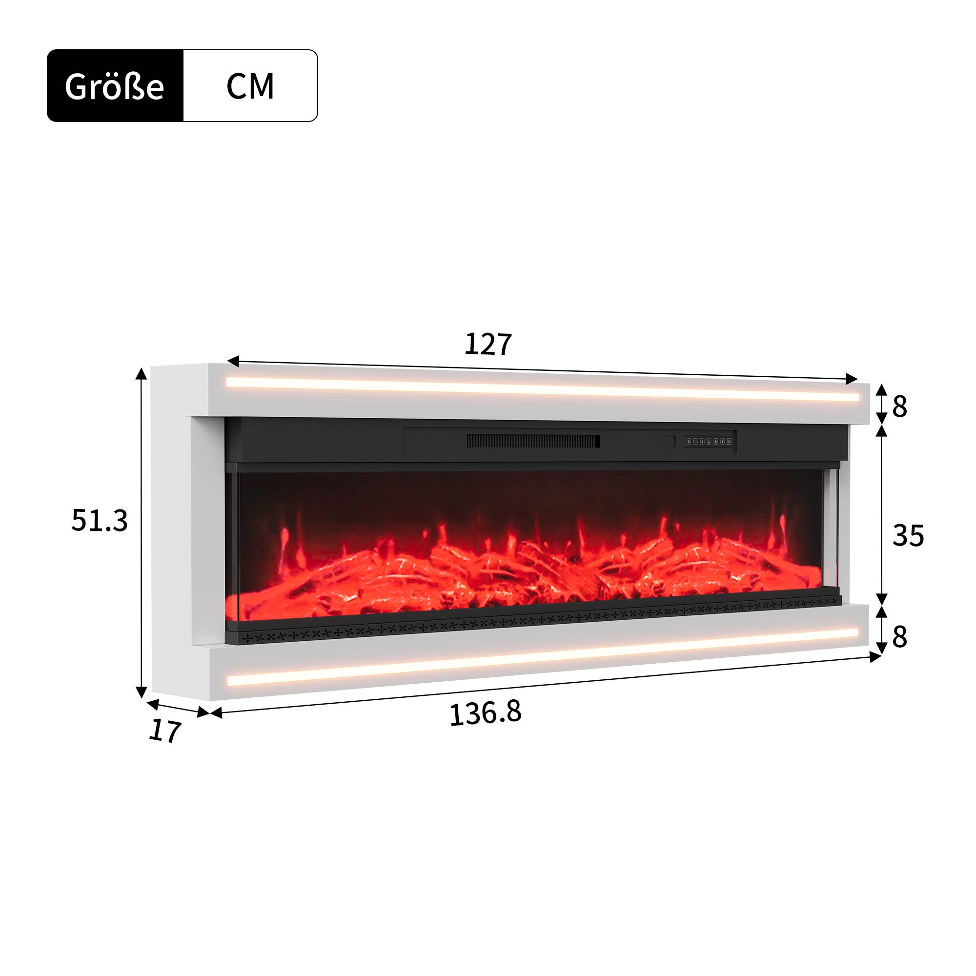 Cheminée électrique 136 cm - Flamme simulée par LED RGB 20 couleurs - 750/1500 W - 5 niveaux d'intensité de la flamme - télécommande - 3