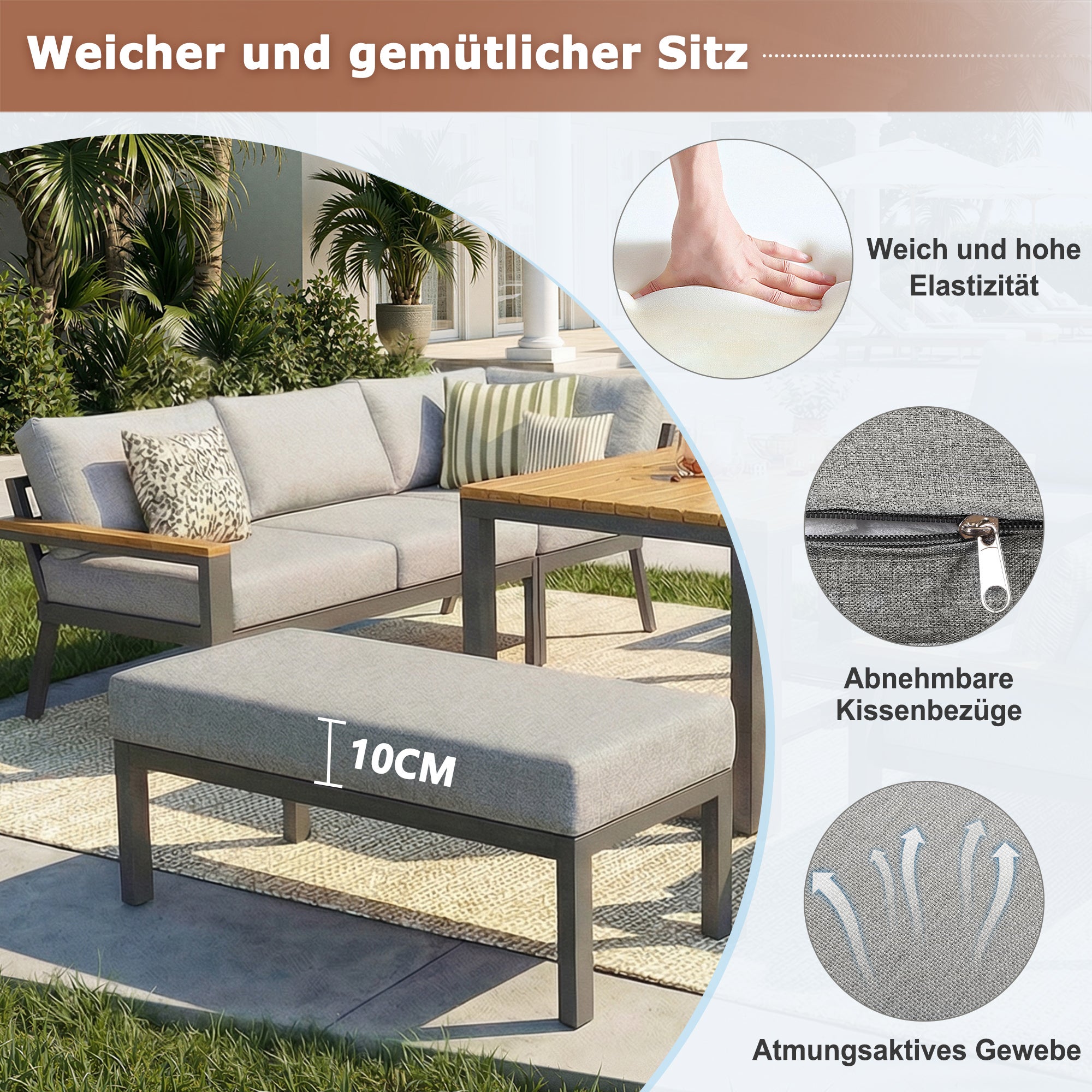 Salon de Jardin Exterieur pour 8 personnes,avec table en bois,Canapé d'angle extérieur en forme de L avec coussins,Ensemble de jardin en fer,Gris - 7