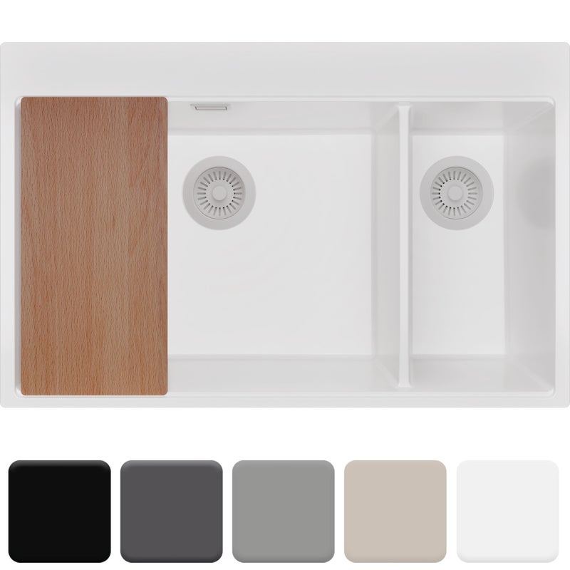 Zlewozmywak 78x50cm, do szafki od 80cm + Syfon + Deska - Rubin Cały Biały STONESTYLE