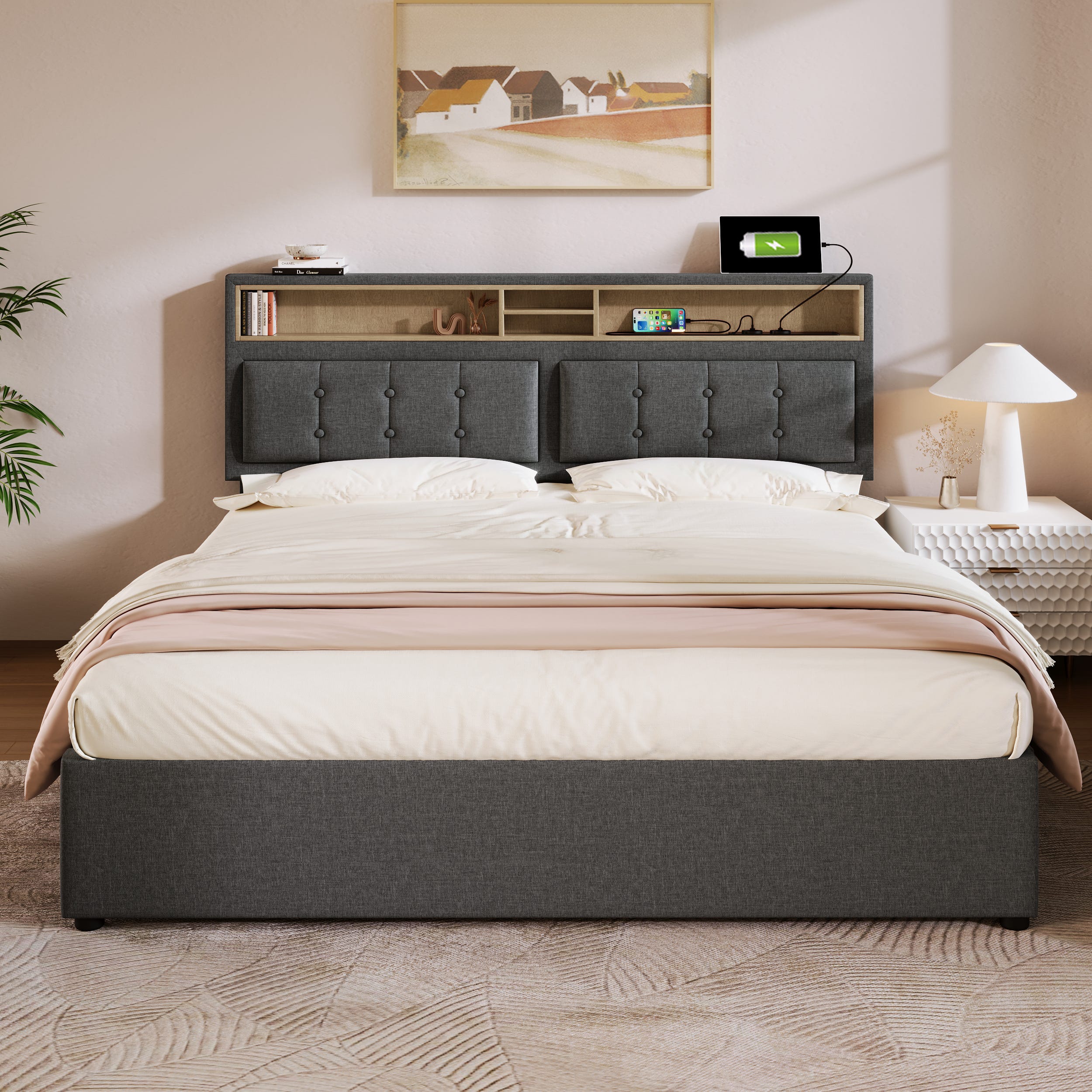 Lit Double 160 X 200 Cm En Bois Avec Tiroirs + Sommier Fixe - Montana Lit Double 160 X 200 Cm En Bois Avec Tiroirs + Sommier Fixe - Montana