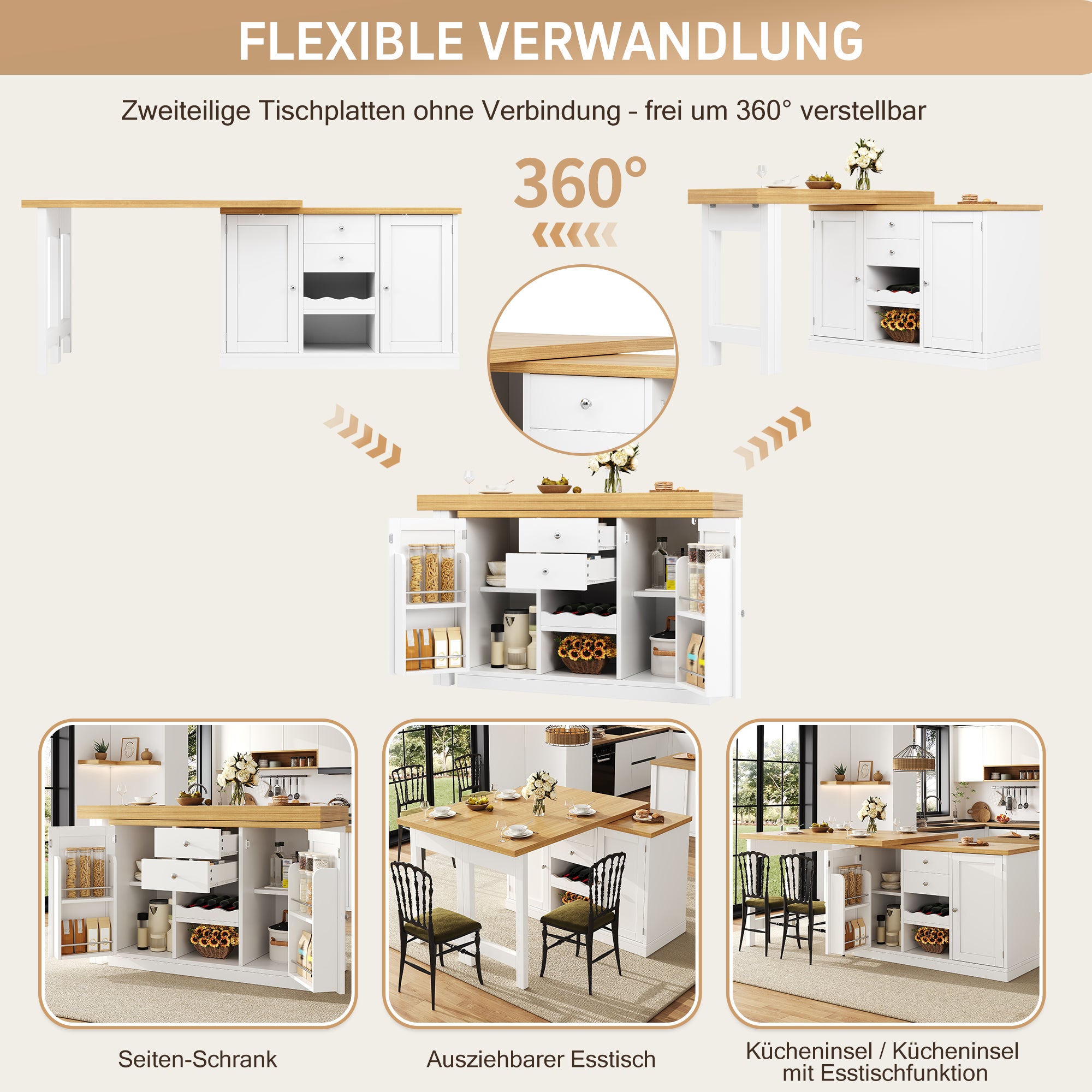 Table bar extensible,Îlot cuisine pivotant 360° avec casier à vin et rayon à grignotage,ilot central cuisine,Porte d'armoire magnétique,Blanc - 7