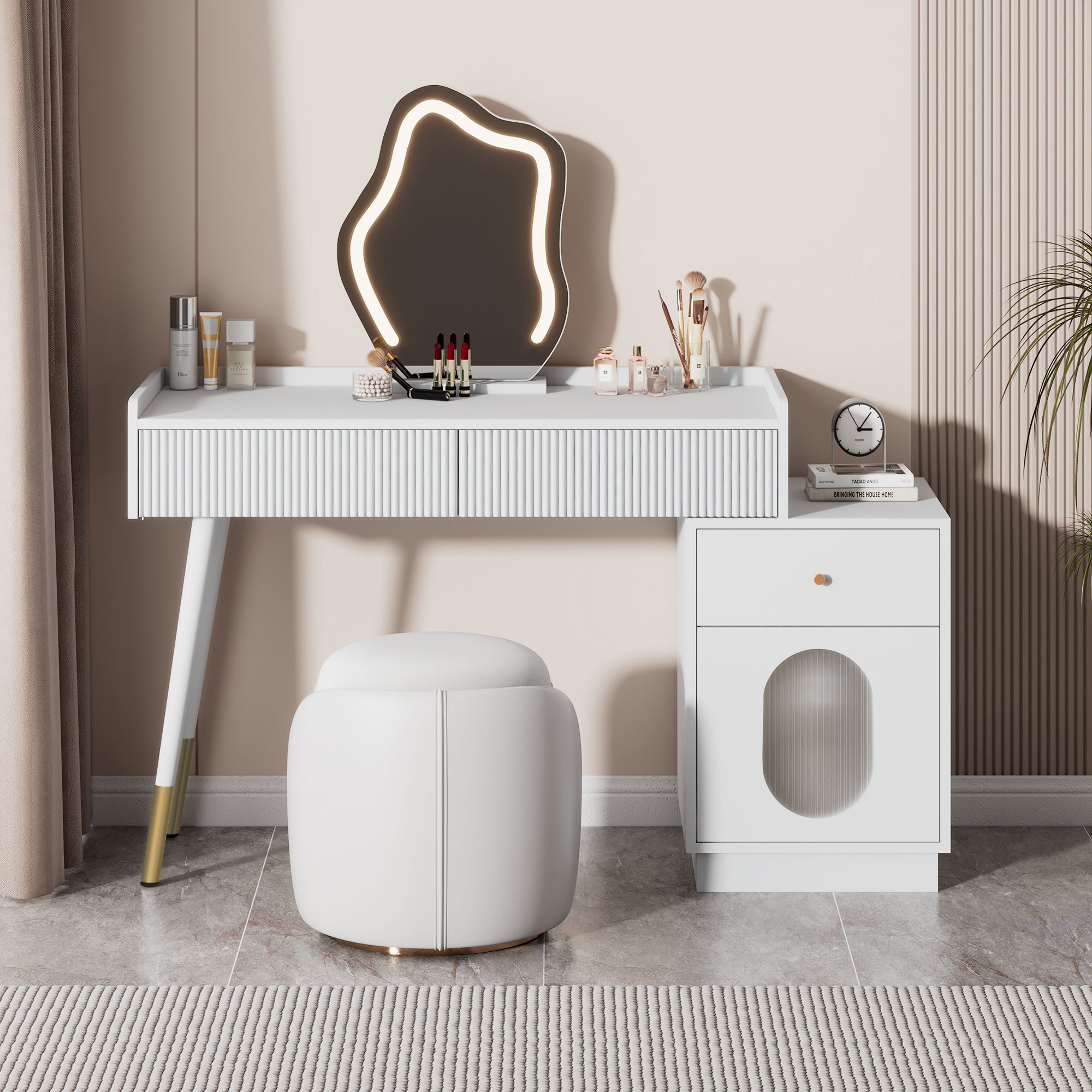 Coiffeuse avec miroir LED en MDF Blanc H. 75 x l. 39.8 x P. 100 cm ...