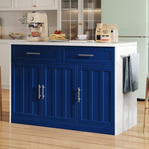 Isla de cocina 120x60x91cm con toma de corriente y usb, estantes ajustables, grifos de metal, soporte toallas y barra desayunador para apartamentos