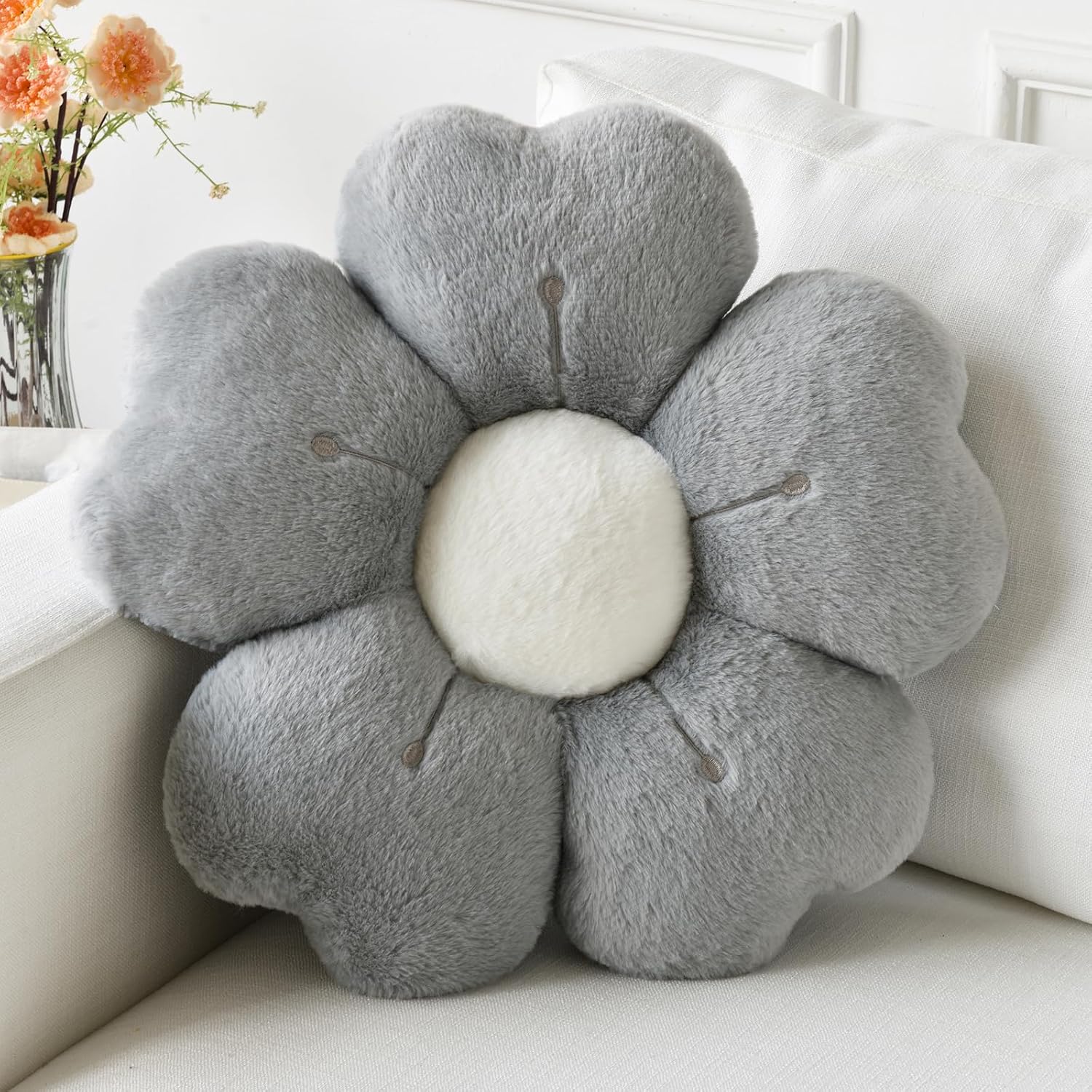 Pernă decorativă în formă de floare pentru pat și canapea, pernă pentru dormitor și podea (gri, 38.1 cm)