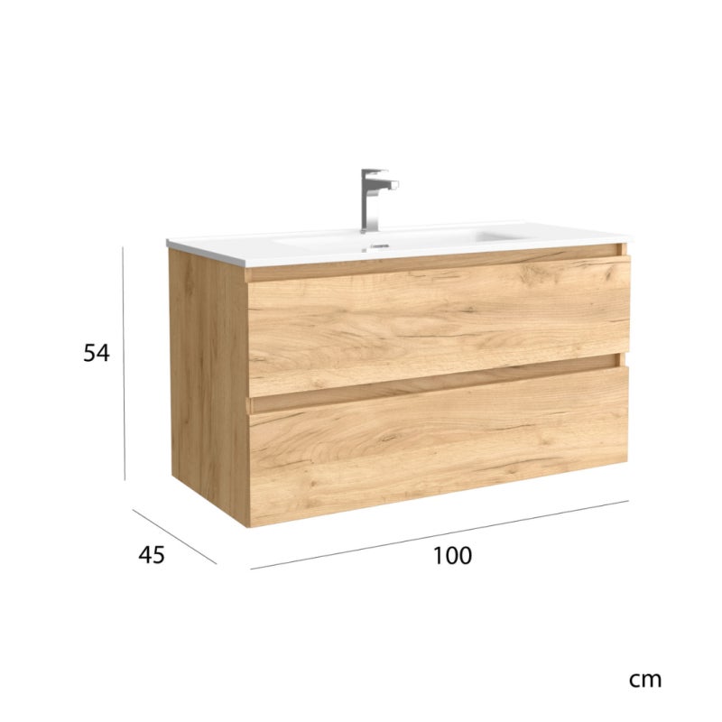 Mueble de Baño BEQUIA 100cm Roble | Lavabo Porcelana - 5