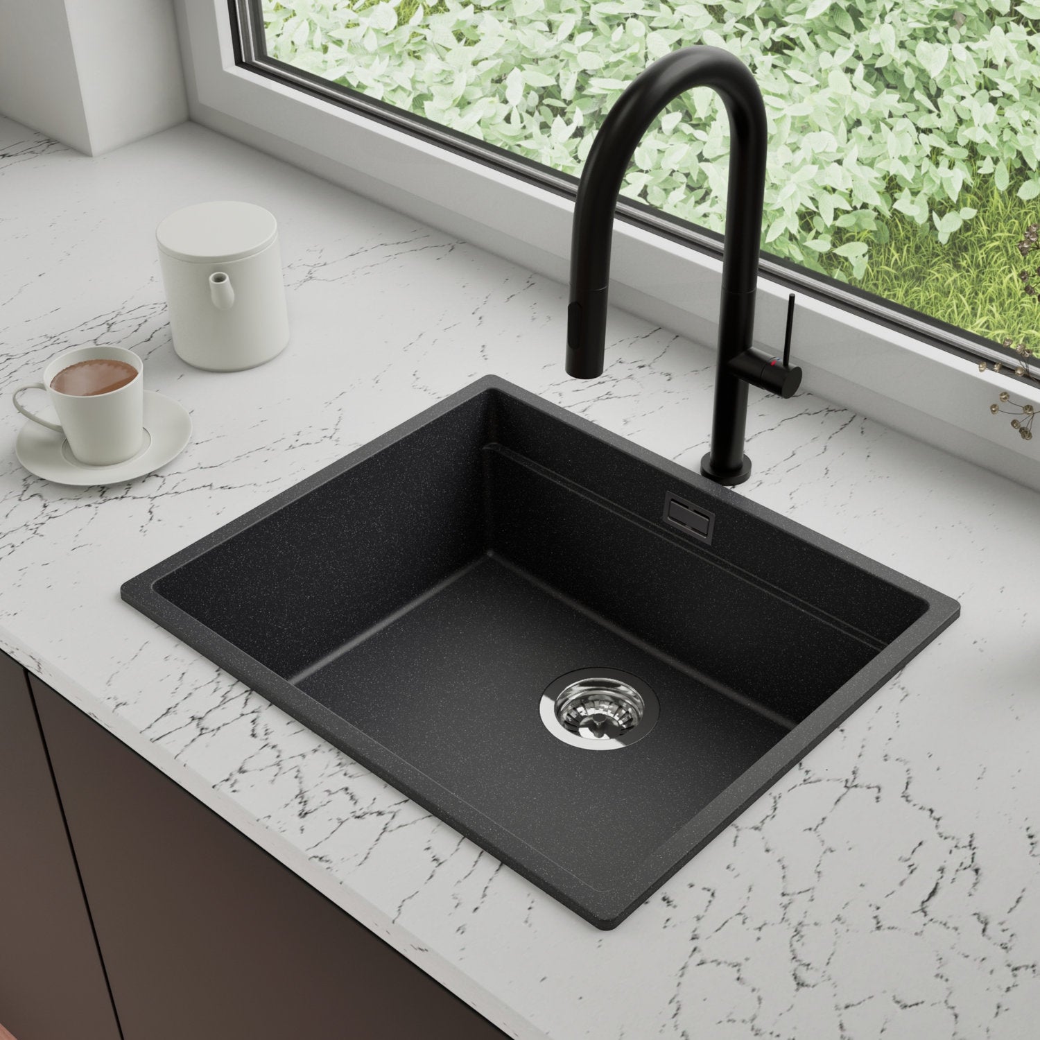 Zlewozmywak Granitowy 56x47cm, do szafki od 60cm + Bateria + Syfon - Coral Grafitowy STONESTYLE