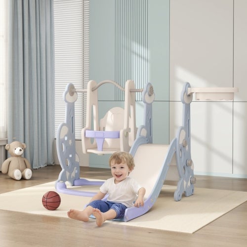 Aire De Jeux 4 En 1 Pour Enfants 2-8 Ans - Toboggan, Balançoire, Panier De Basket Et Escalier - Design Lapin, Intérieur/Extérieur