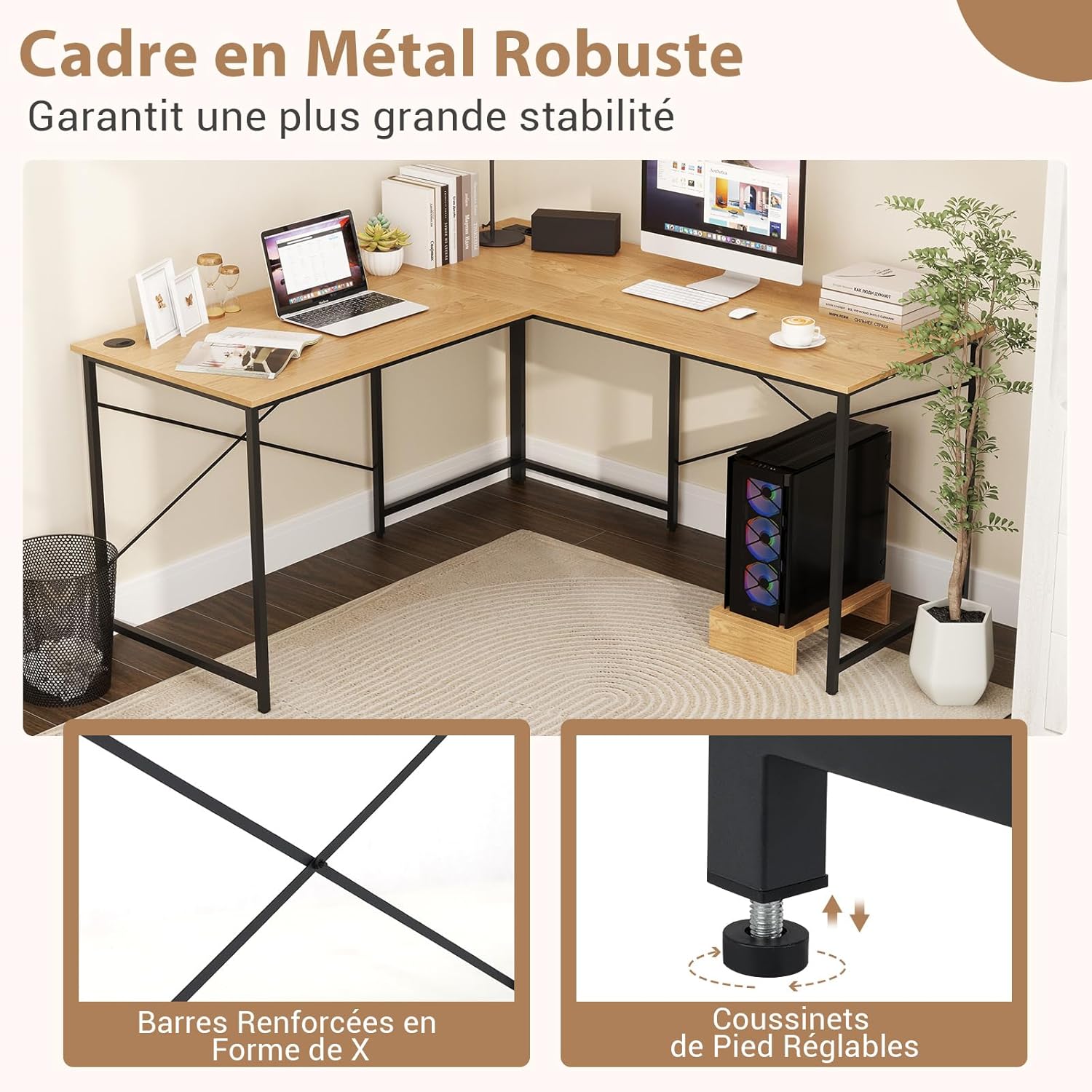 Scrivania Angolare Salvaspazio Reversibile, Scrivania ad Angolo a Forma di L con Presa Integrata, Supporto per Host e Fori per la Gestione dei - 8