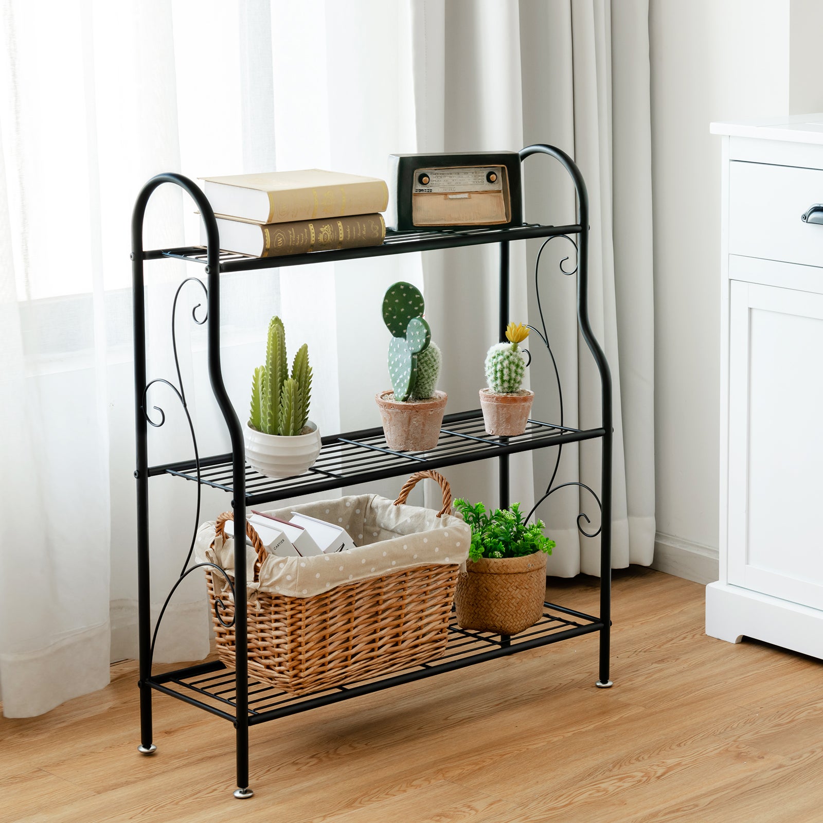 Support de Plantes à 3 Niveaux en Métal, Étagère de Rangement Multifonctionnelle avec Motif Élégant, Support pour Pots de Fleurs, 72 x 25 x 85 cm - 9