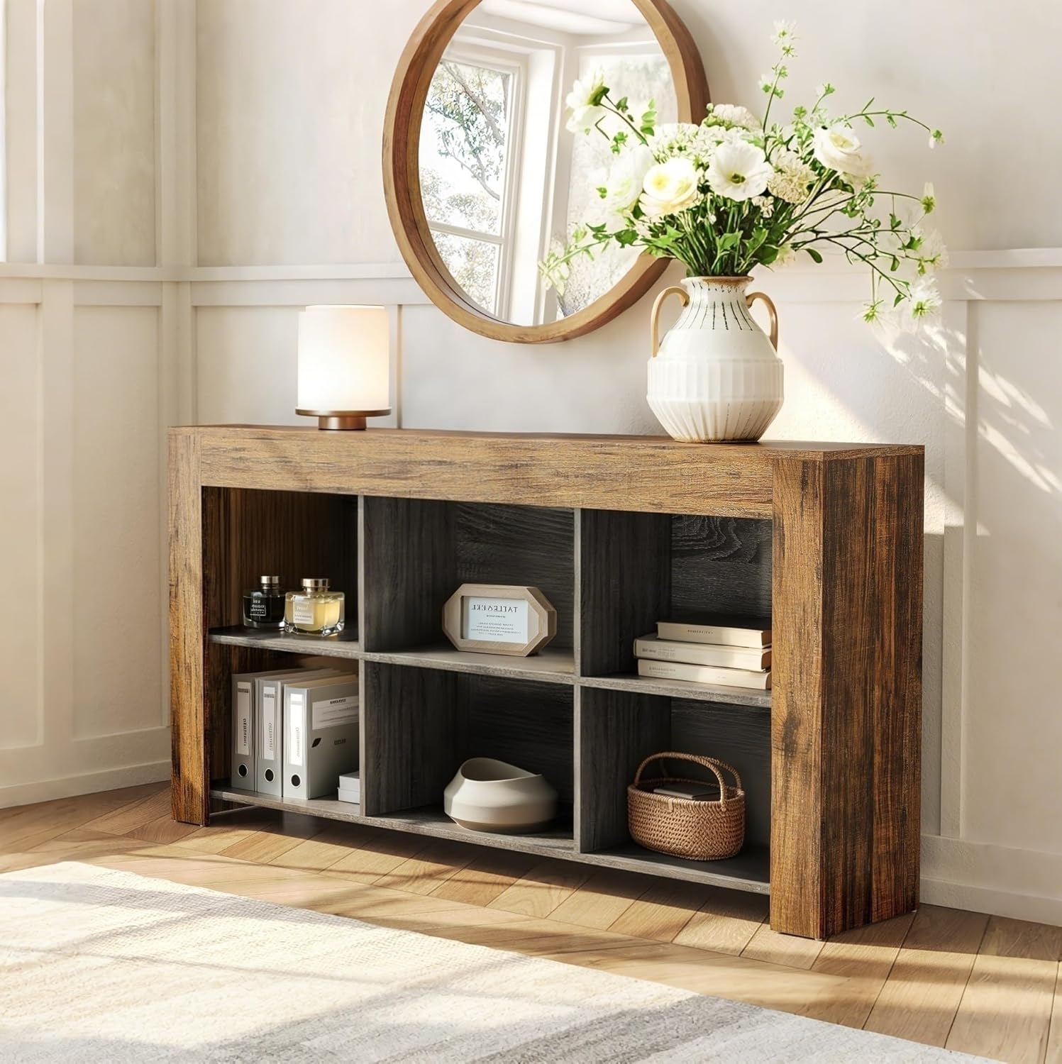 Długi stolik konsolowy Tribesigns 160 cm – 6 przegródek i industrialny styl, rozwiązanie organizacyjne do przedpokoju i salonu