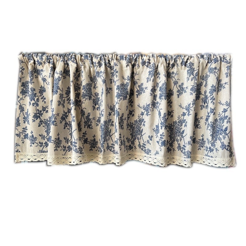 A.Monamour Rideau de Cuisine Court pour Petit Fenêtre - Coton Lin Fleurs Bleu Texturé Botanique avec Pompons - Brise-bise à étages à Disques Panneaux Cantonnières Demi Café