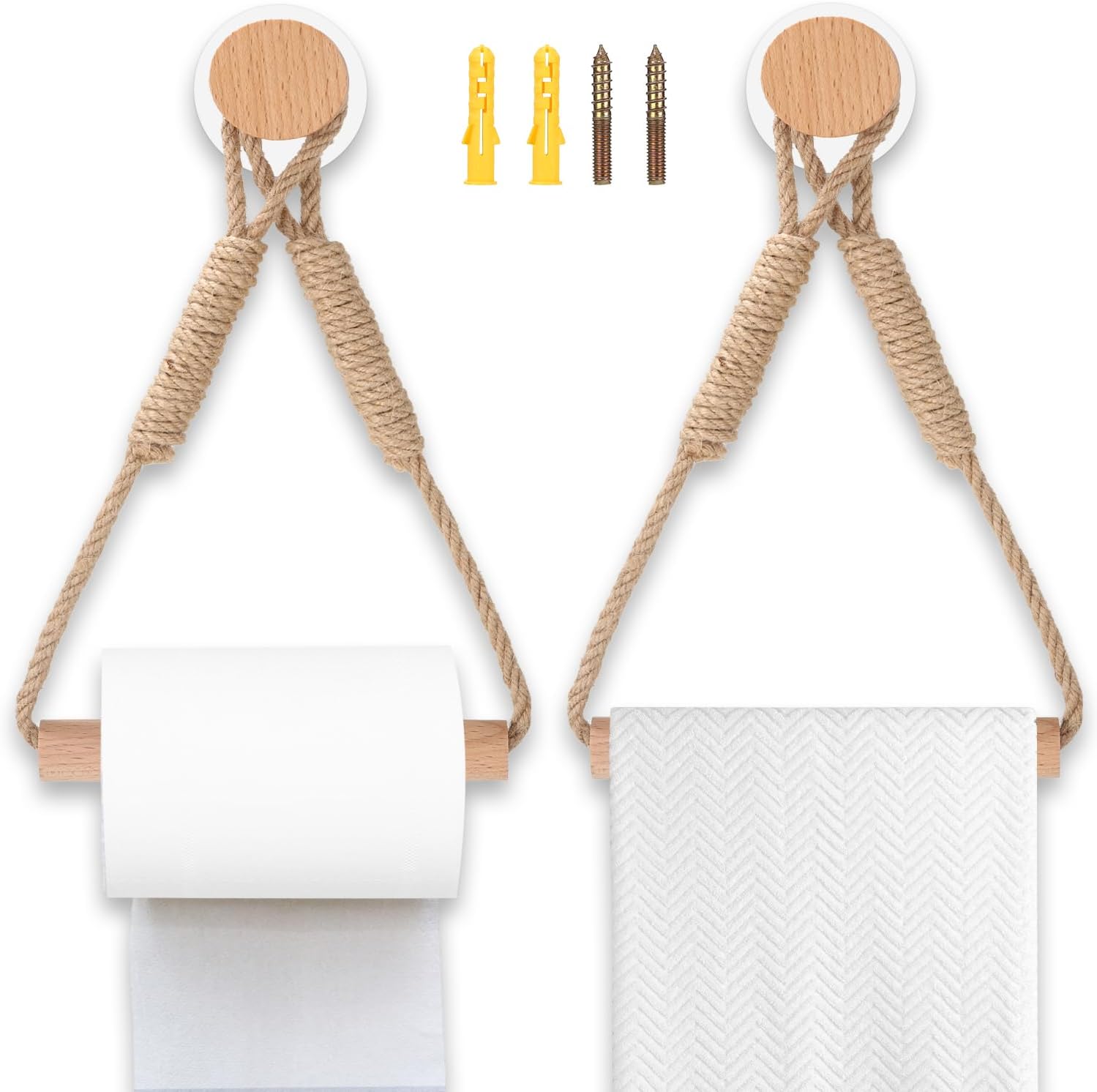 Porte-Papier Toilette En Corde Rustique - Support Serviettes Mural Sans Percage, Décoration Salle De Bain Naturelle En Bois Et Corde