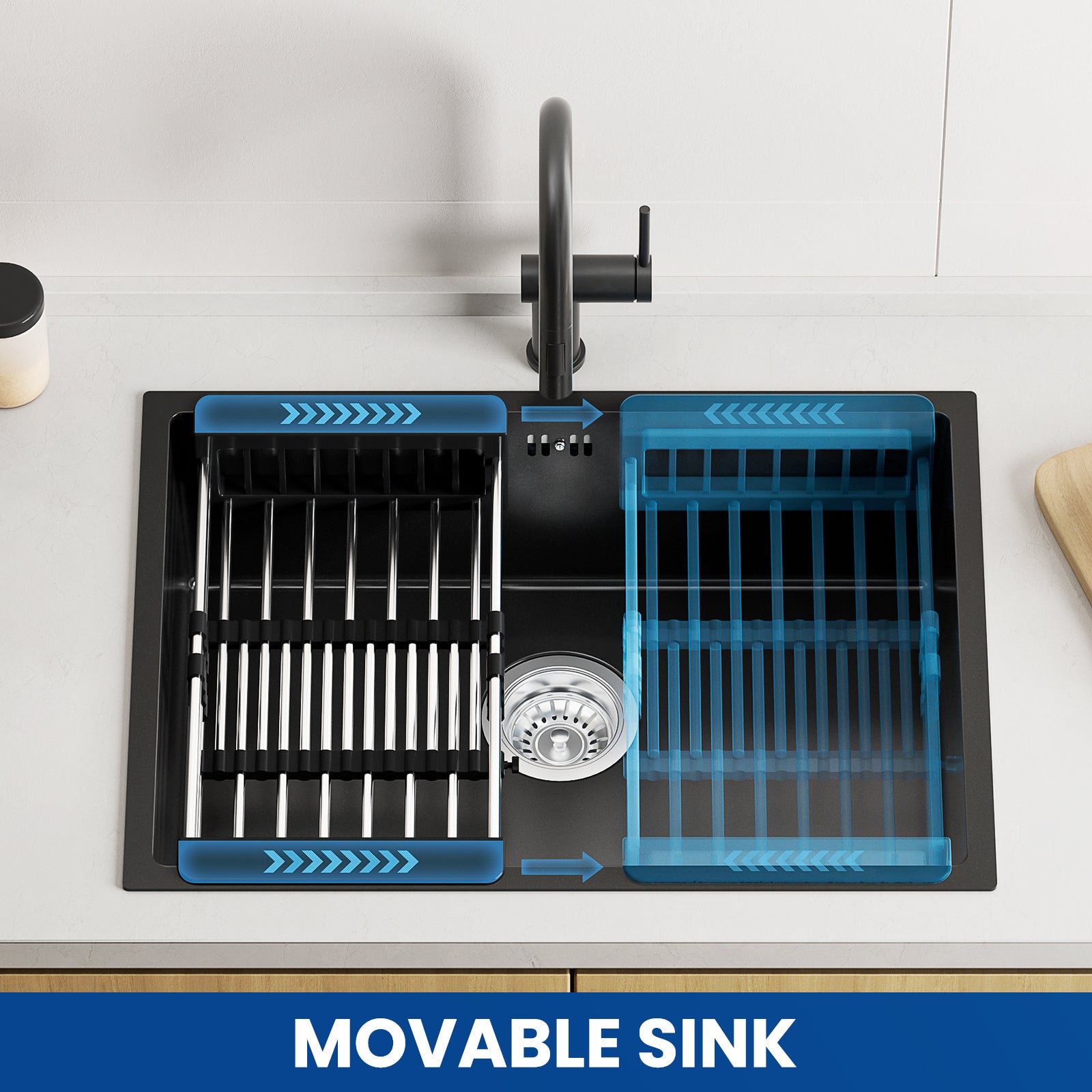 Auralum max Évier de Cuisine 1 Bac 60*44*20CM,Évier 1 Cuve en Acier inoxydable 304,Évier à Encastrer et sous-plan avec Panier de Drainage,Gris-Noir - 2