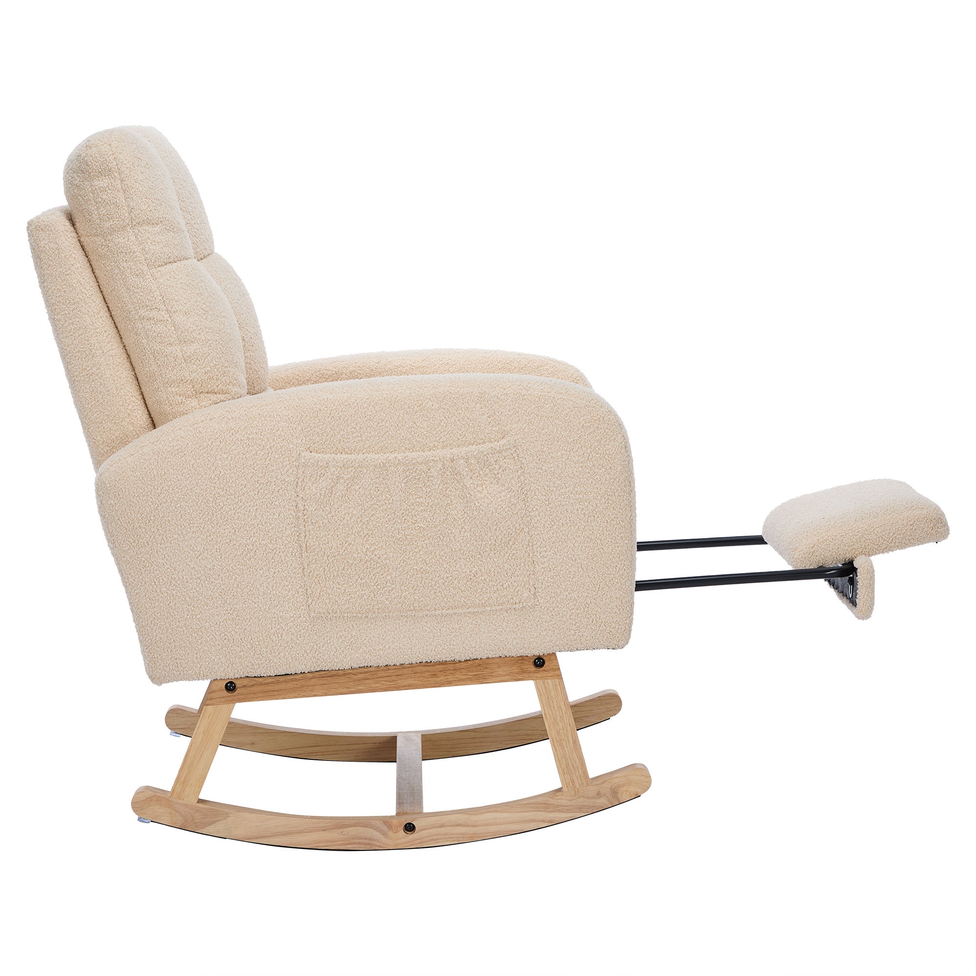 Fauteuil à bascule en velours teddy avec repose-pièds et accoudoirs - 132 x 50 x 99 cm - Structure en bois massif - Beige - 9