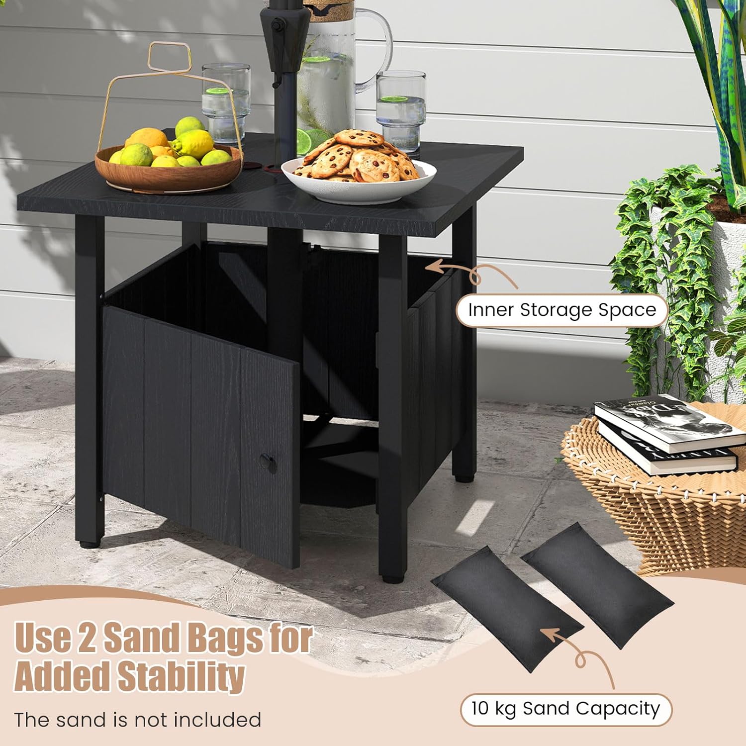 Table de Jardin avec Trou pour Parasol de 4,8 cm, Table d'Appoint Carrée avec 2 Sacs de Sable, Coussinets de Pieds Réglables et Rangement, Noir - 5