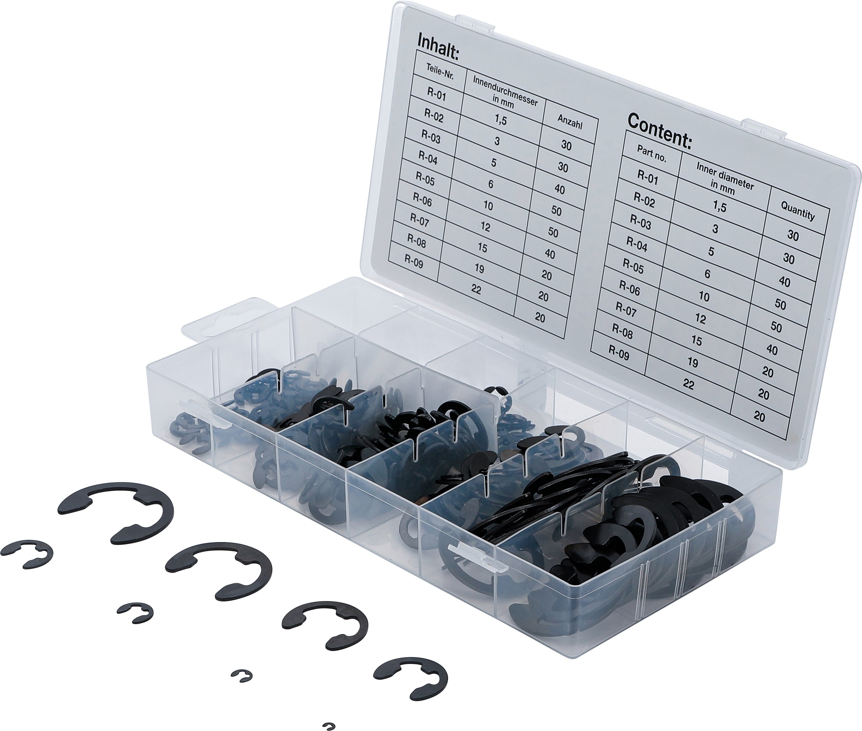Zestaw pierścieni zabezpieczających typu E BGS 1,5 - 22 mm 300 szt. - 8039