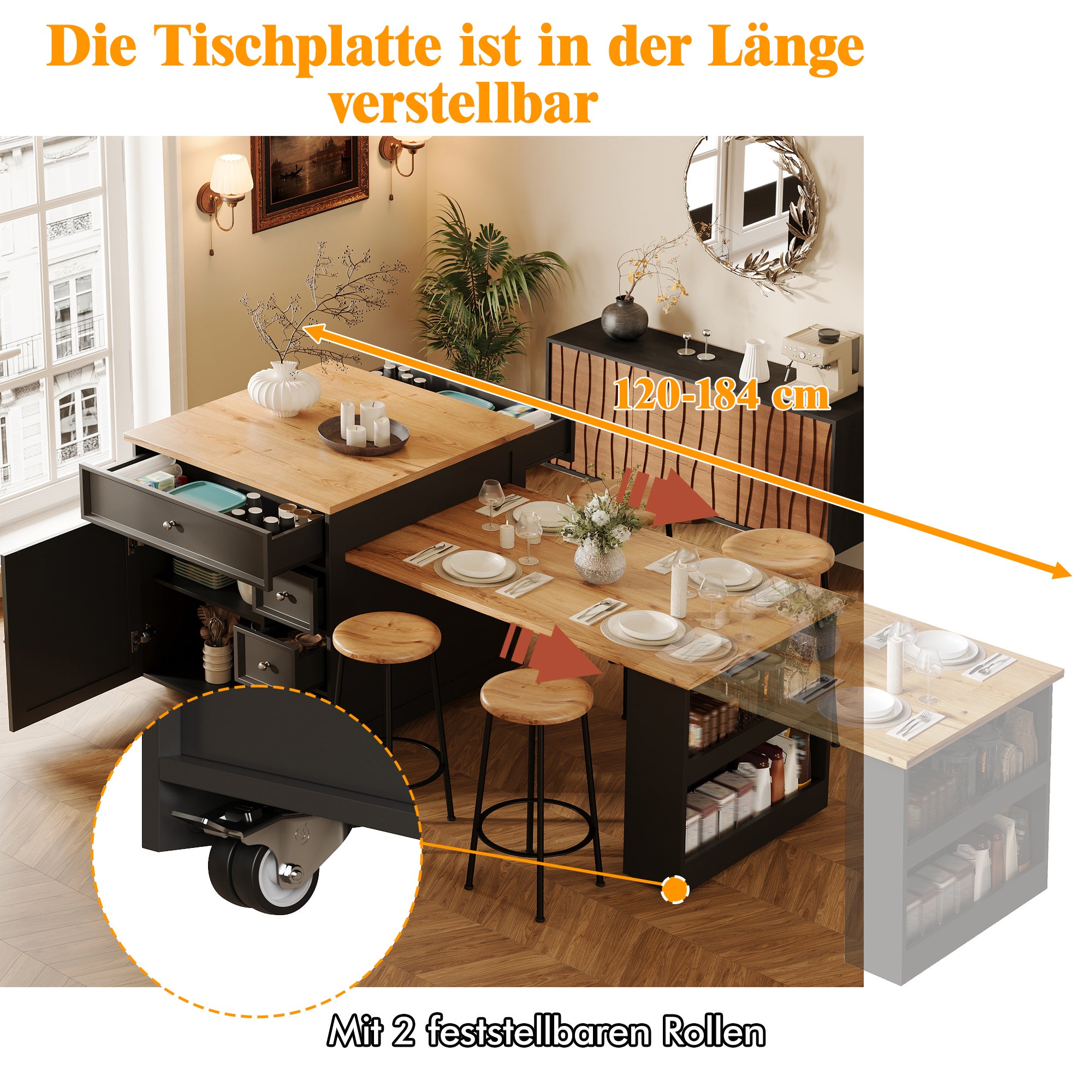 Îlot de cuisine extensible 120–184x70x94 cm avec tiroirs, plateau aspect bois, meuble mobile multifonction, cuisine et bar, noir - 6