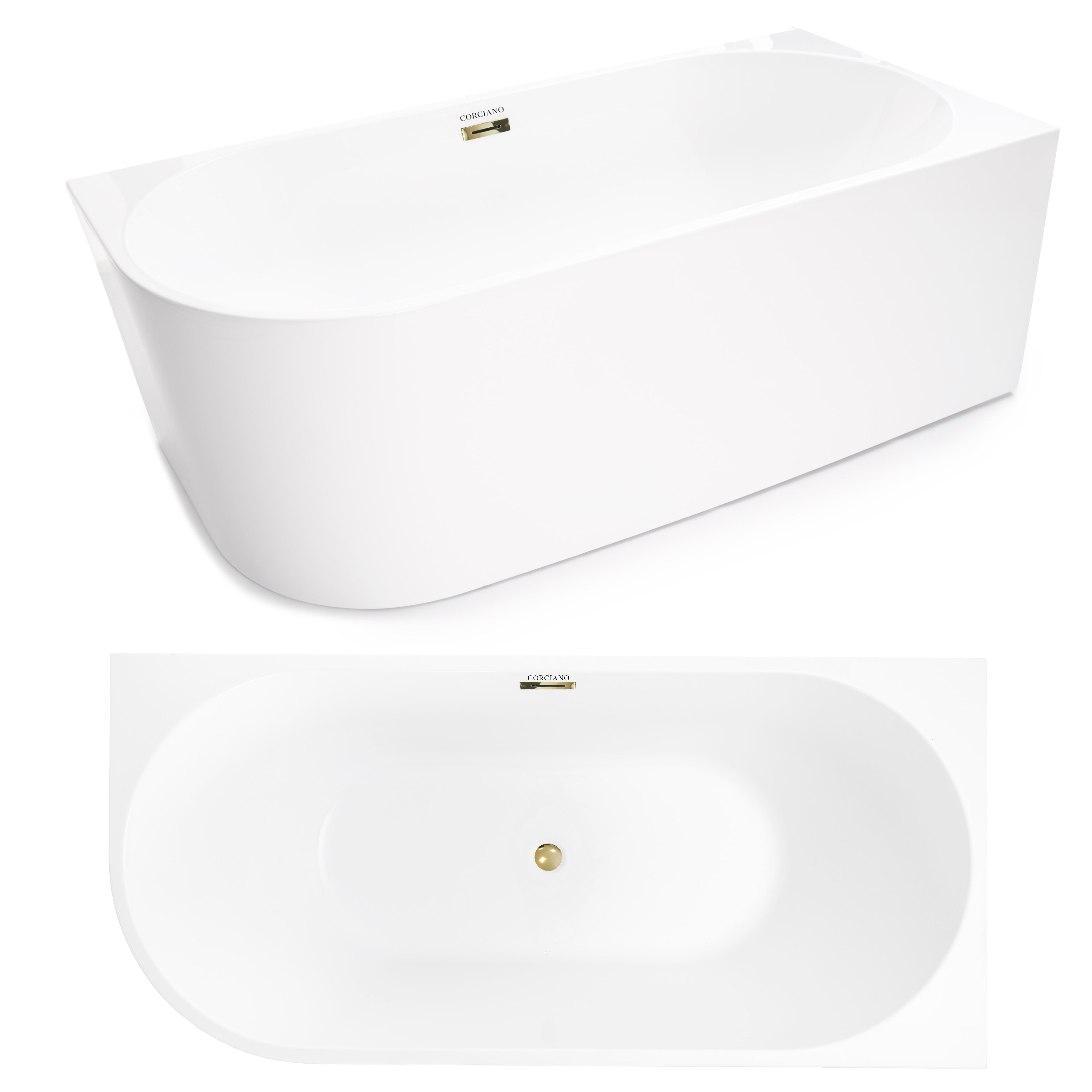 Wanna wolnostojąca przyścienna NAROŻNA CRETE PRAWA 170 x 80 cm biała system przelewowy AKCESORIA ZŁOTE (KOREK I PRZELEW)