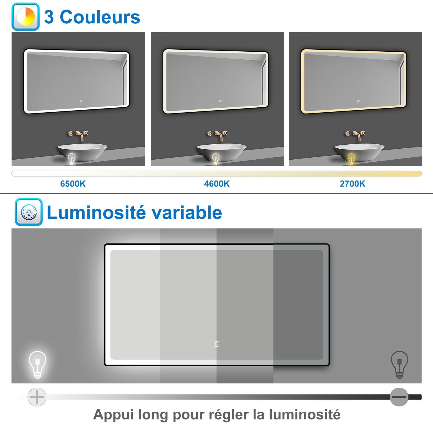 AICA Miroir lumineux 100x60cm 3 couleurs + anti-buée + dimmable + mémoire miroir salle de bain - 3
