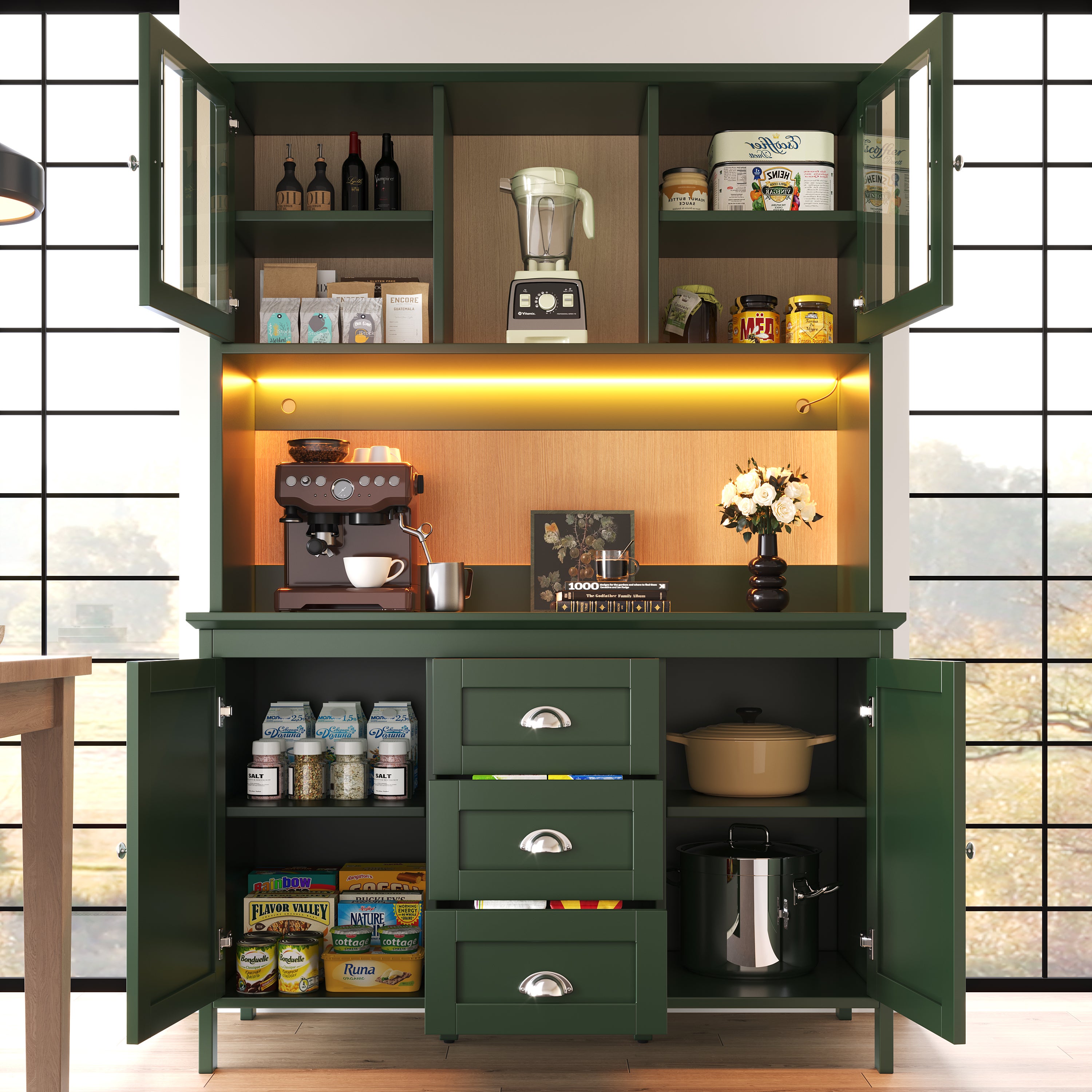 Kredens kuchenny z 4 drzwiami i 3 szufladami, witryna - 120 x 40 x 179 cm - diody LED - płyta MDF i szkło - kolor zielony