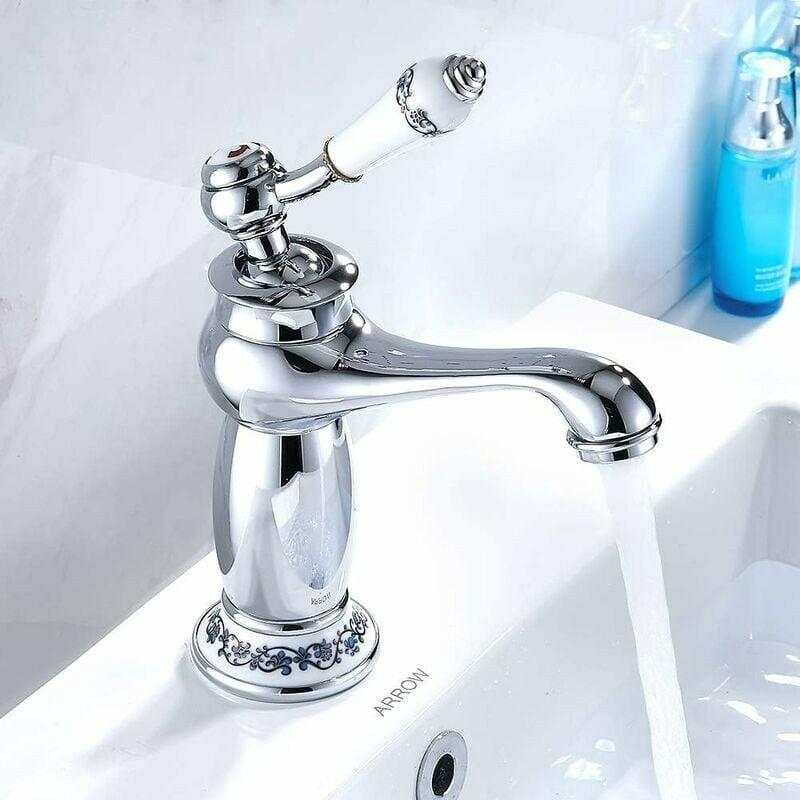 Mitigeur Robinet Lavabo Laiton Céramique Évier Robinet Noir et Blanc en Porcelaine À Long Cou Vintage Floral avec l'entrée Robinet d'eau Froide/Chaude - 2