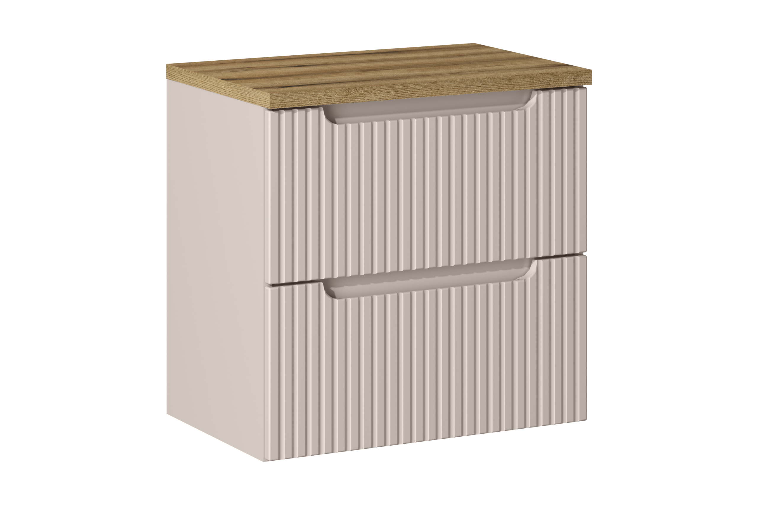 Szafka łazienkowa NOVA 60 cm kaszmir z blatem dąb coast evoke wisząca ryflowane fronty 2 szuflady