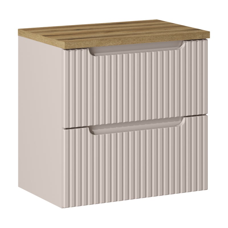 Szafka łazienkowa NOVA 60 cm kaszmir z blatem dąb coast evoke wisząca ryflowane fronty 2 szuflady