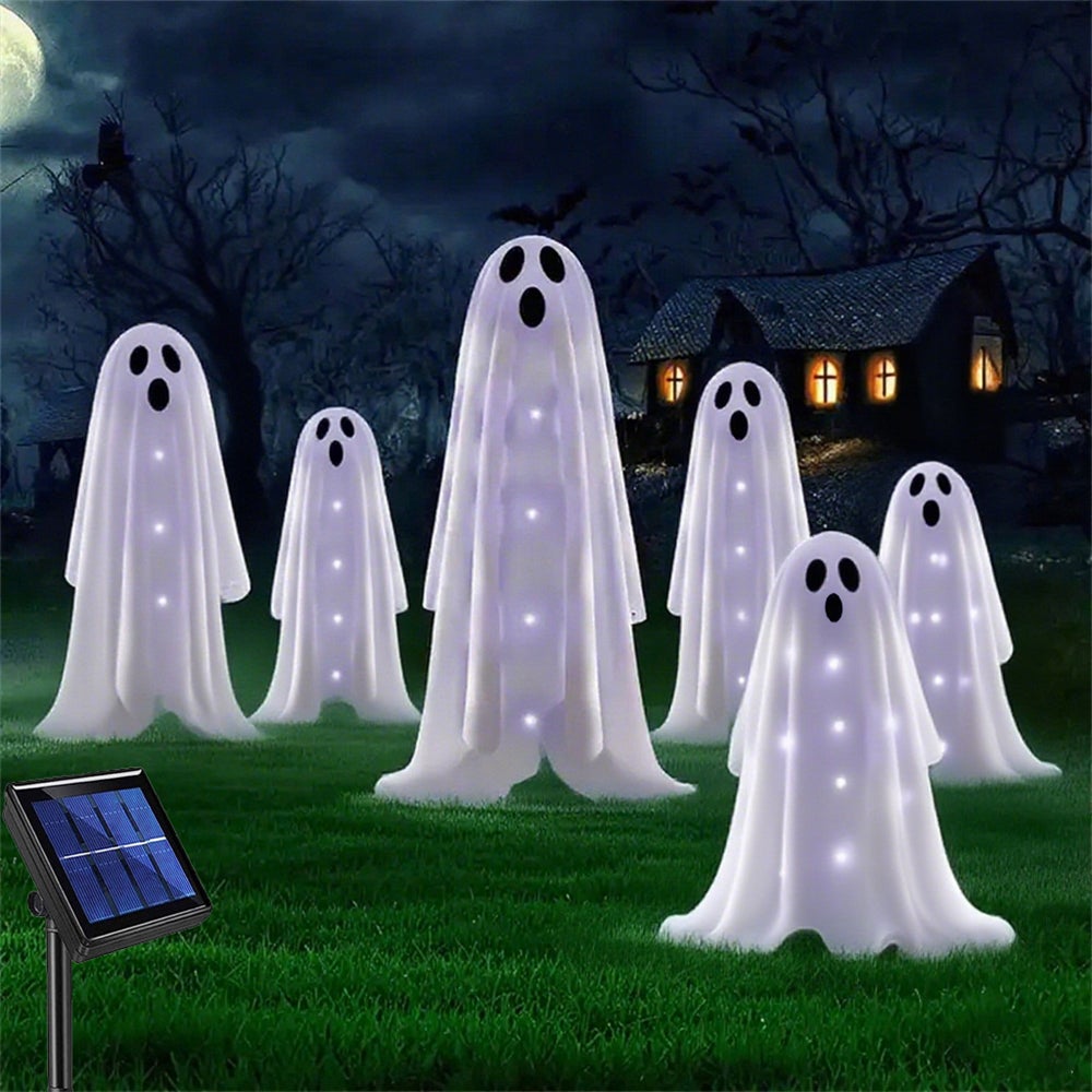 Zestaw 6 solarnych lampionów-duchów na Halloween, idealne do ogrodu, na taras i dekoracje Halloween (zimna biel)