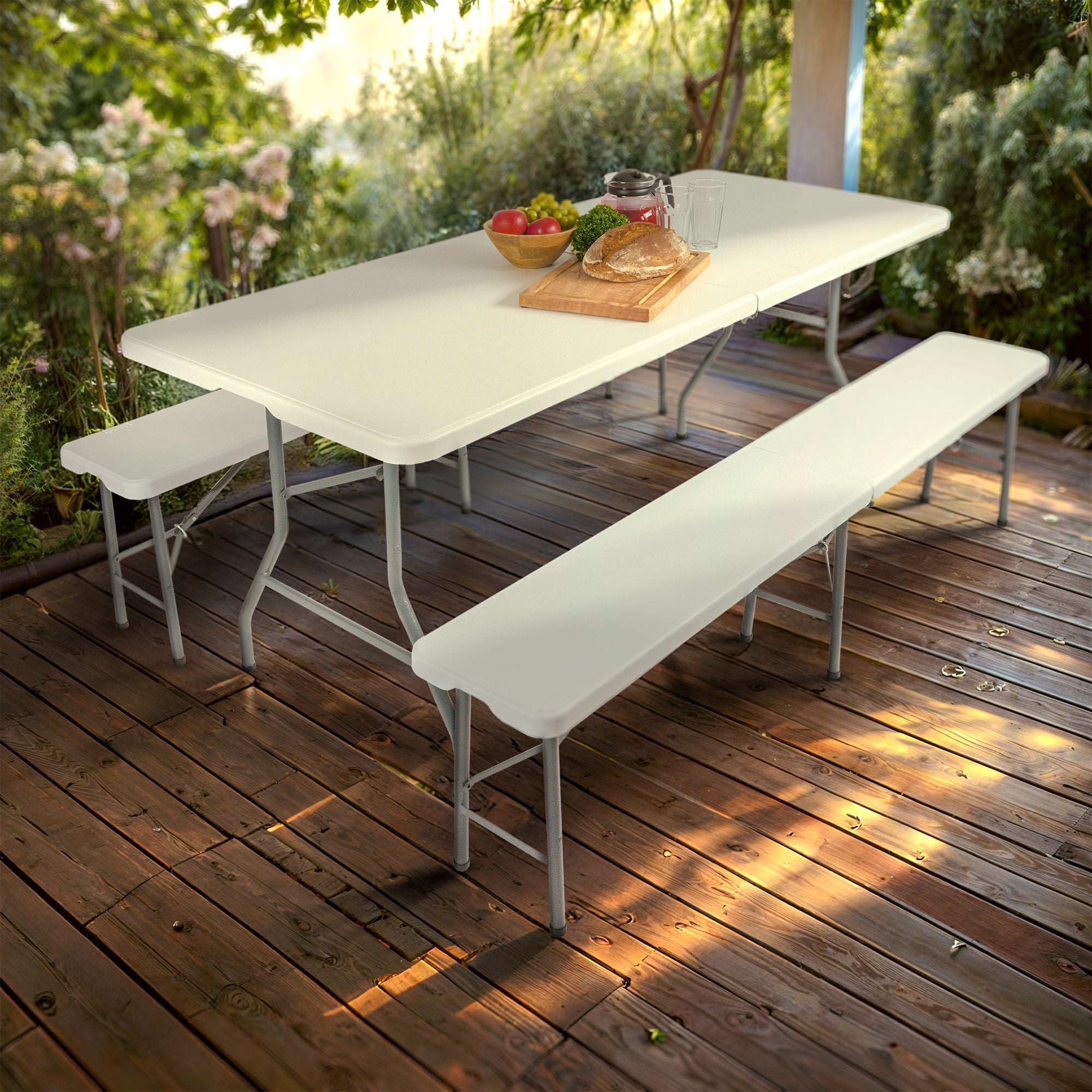 Set de Table et Bancs - 3-pièces Set de Table + 2 x Banc Set de Table de fête pour l'intérieur - l'extérieur Set de Table de bière Blanc - 2