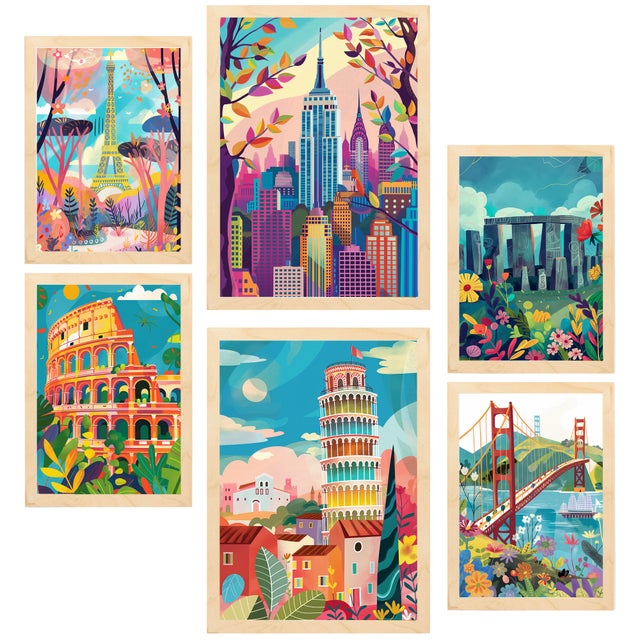 Nacnic Set De 6 Pósters Monuments Inspired By Mary Blair. Eiffel,coliseo, Pisa, Golgen Gate, Stonehenge, Empire State Marco Madera Clara