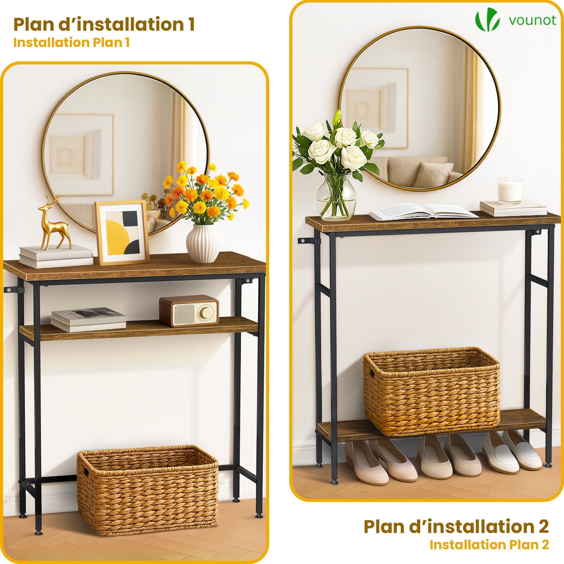 Console table 2 niveaux style industriel en metal et MDF 80x24x80 cm Marron VOUNOT® - 6