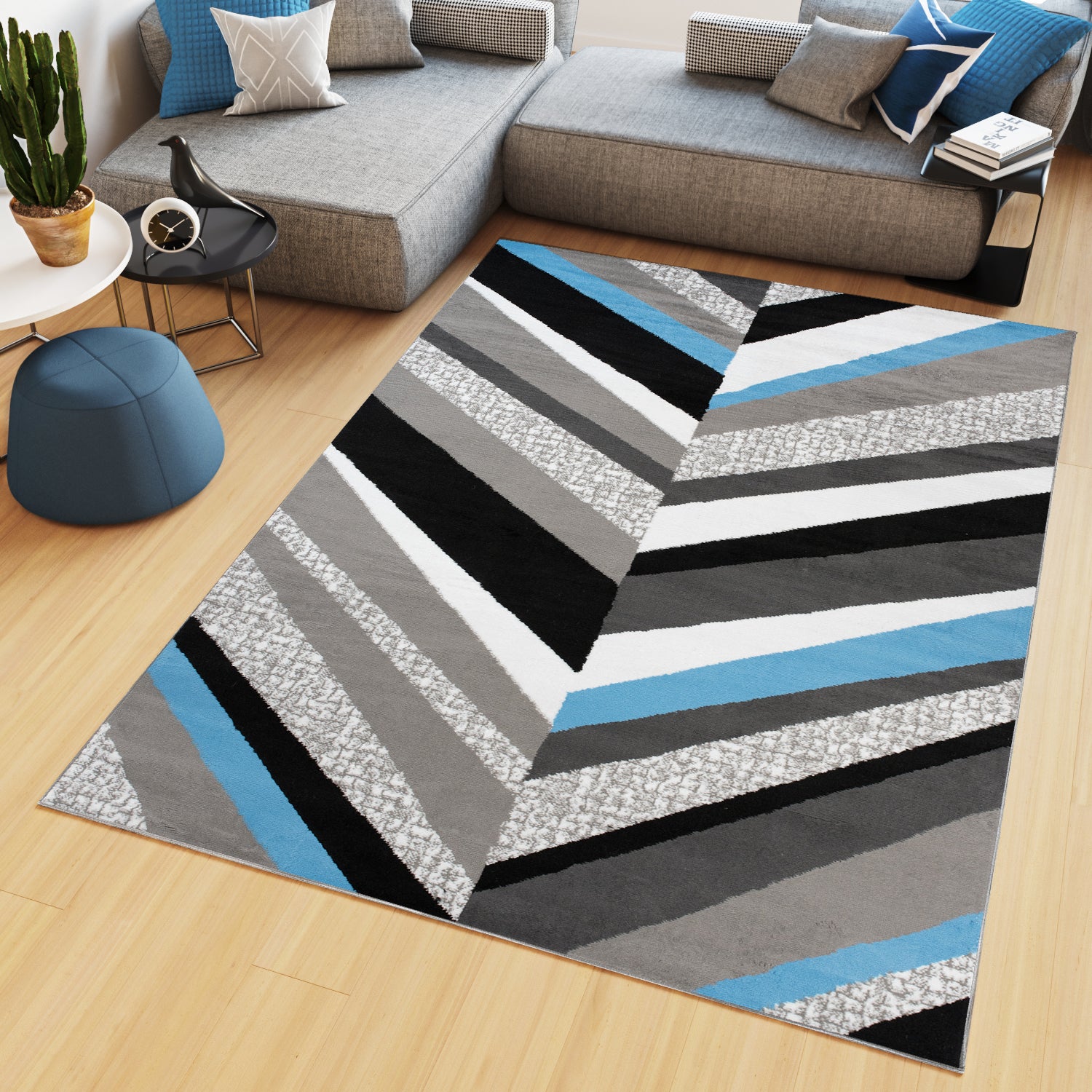 Tapiso maya alfombra de salón sala comedor diseño moderno azul gris negro blanco geométrico rayas delgada 200 x 200 cm