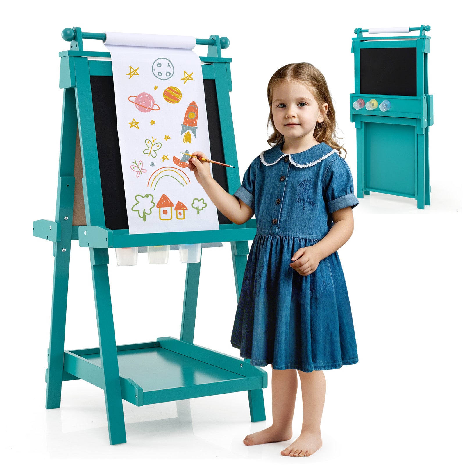Chevalet Pliable pour Enfants, Double Face avec Tableau Noir et Tableau Blanc Magnétique, Rouleau de Papier Remplaçable, 3 Gobelets, Vert - 8
