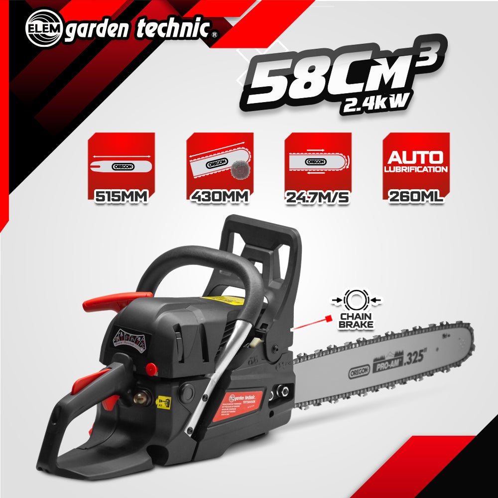 Tronçonneuse thermique 58cc - 2 chaînes - guide oregon 51.5cm - Elem Garden Technic - 2