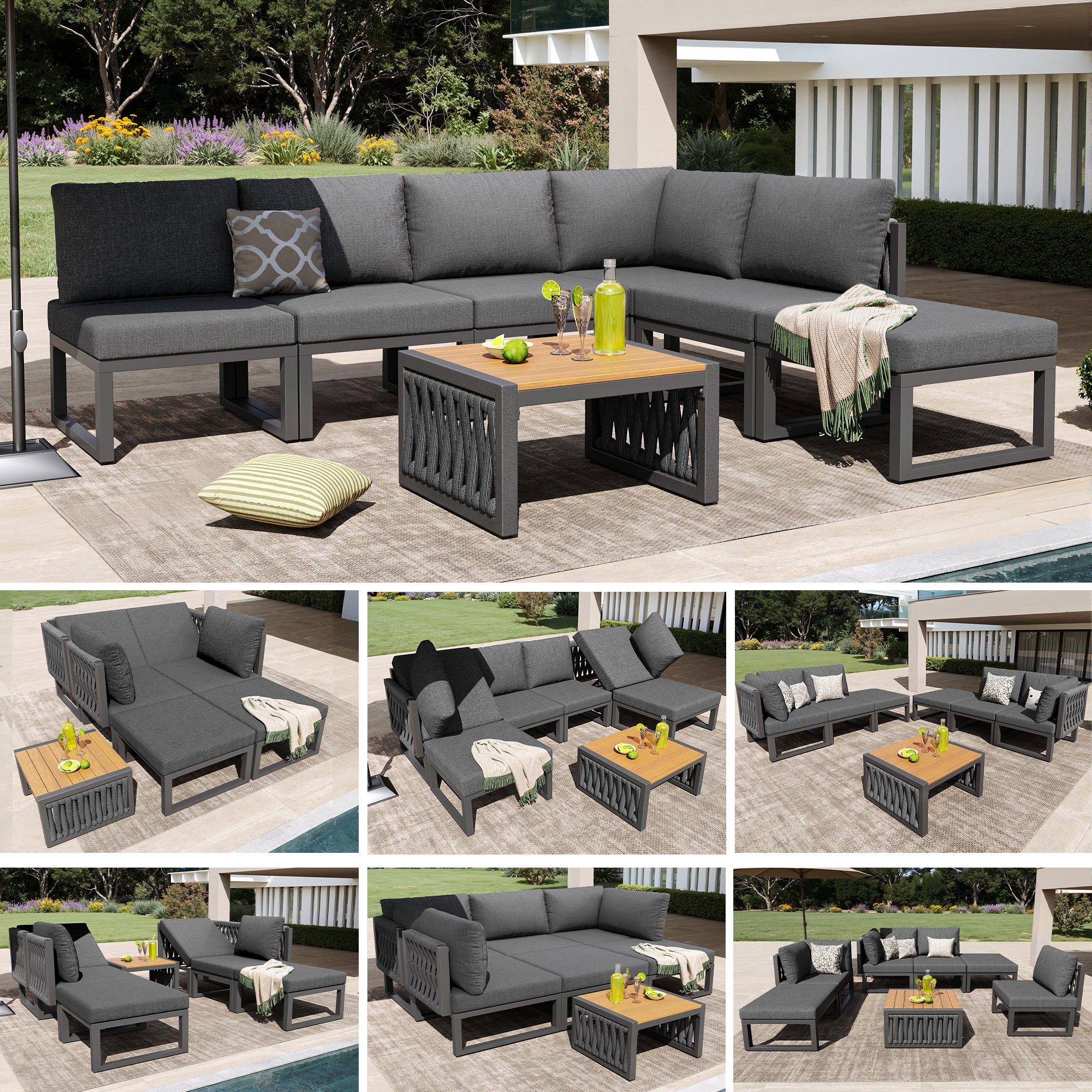 Salon de Jardin Exterieur,pour 6 personnes,Ensemble de canapé de jardin,Chaise longue double d'extérieur avec coussin,angle du dossier réglable,Gris - 8