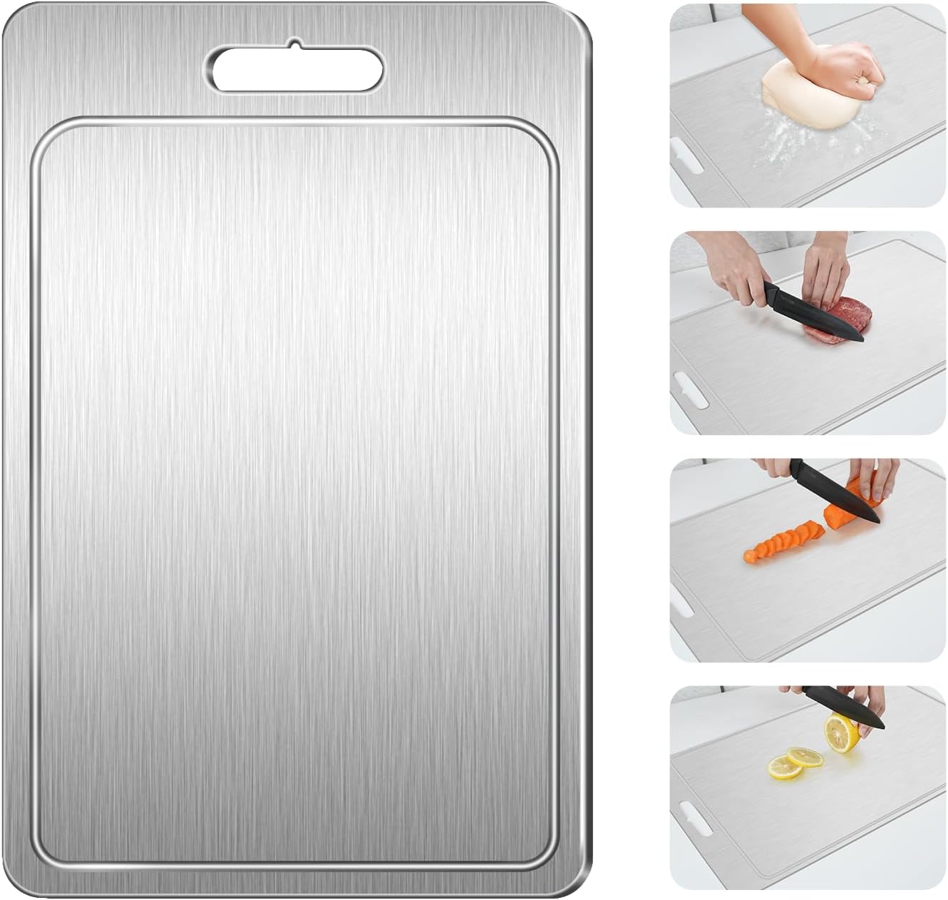 3 Pièces Planche à Découper Inox Double Face - Set Planches Antiadhésives Acier Inoxydable 39x27cm + 34x23cm + 25x15cm