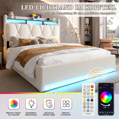 Lit coffre 140x200 cm avec LED, ports USB-C, tête de lit avec rangements, ouverture hydraulique, sans matelas, beige - 2