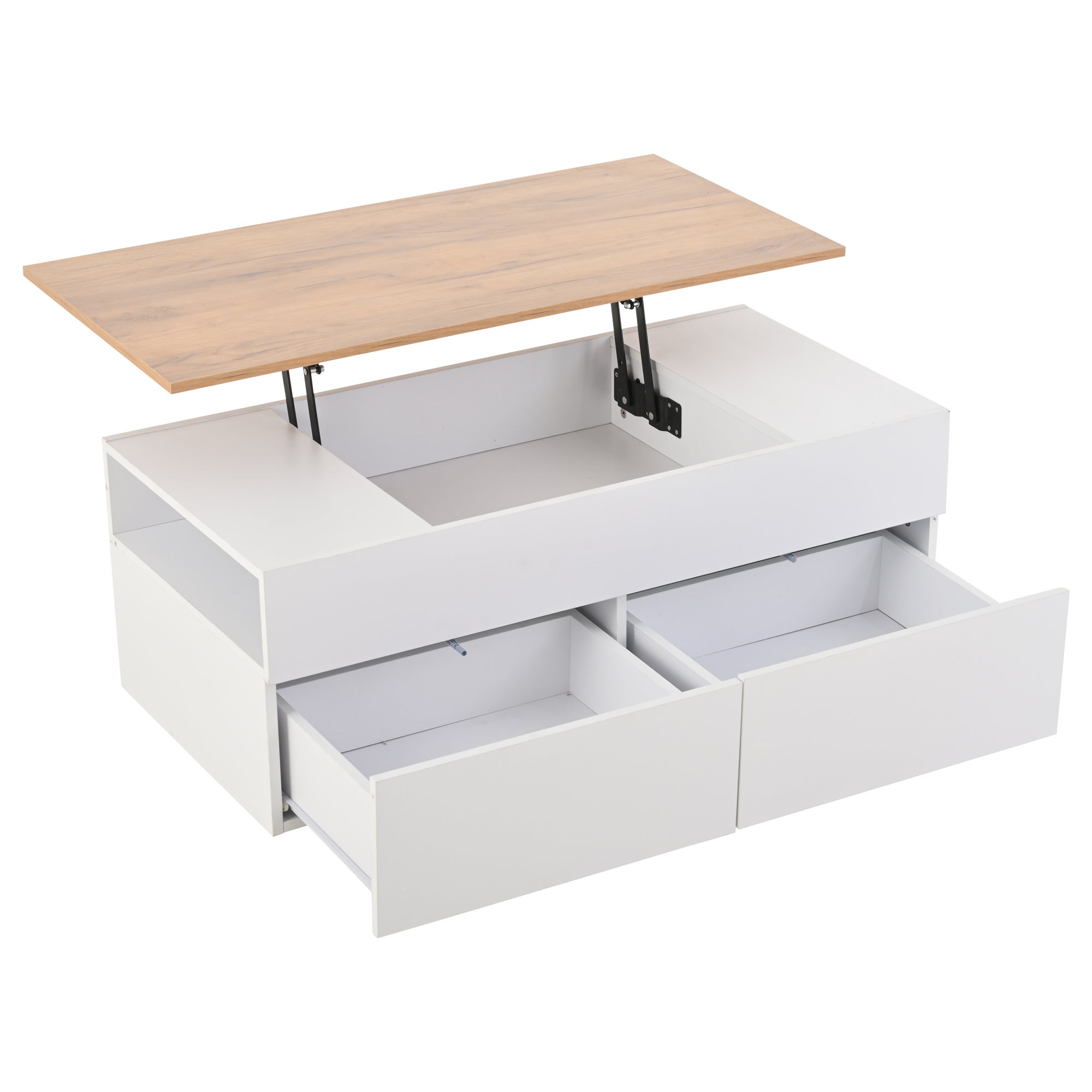 Table basse relevable 100 x 50 x 40 cm avec 2 tiroirs, rangement caché, en panneaux de particules, blanche - 2