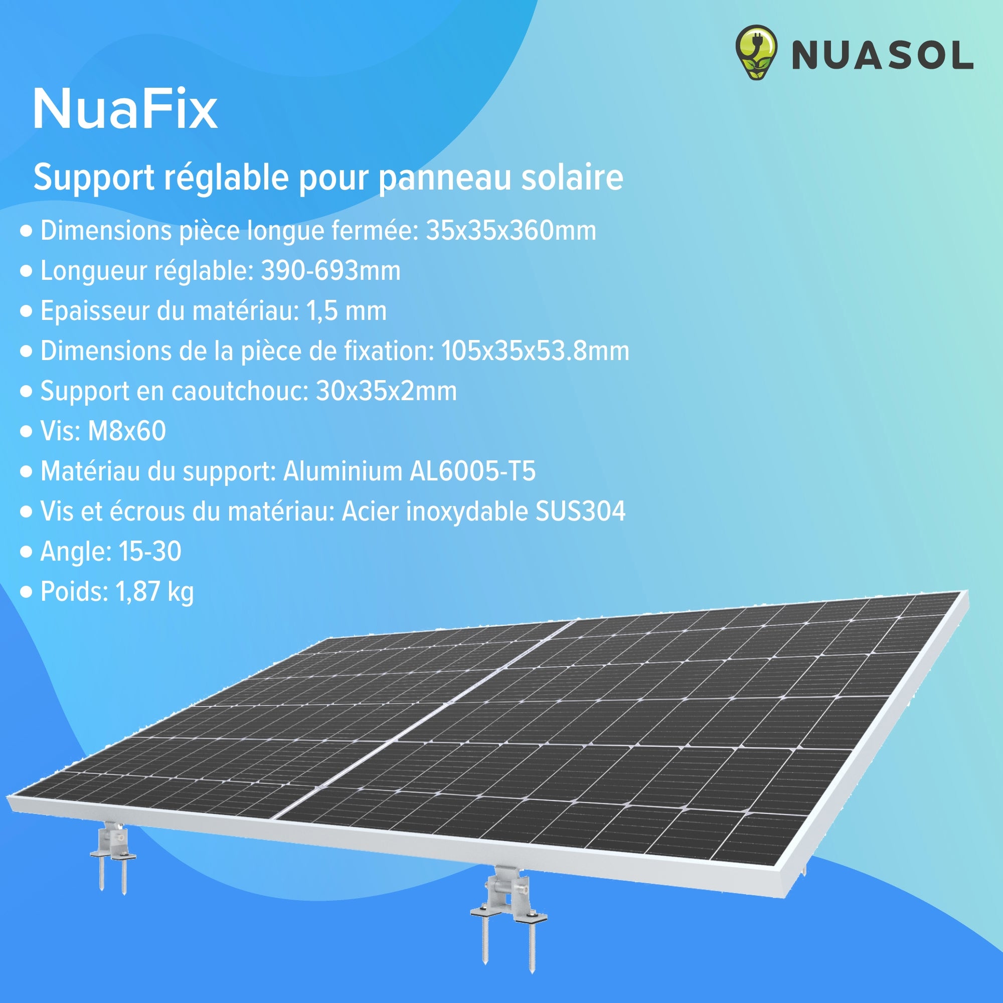 NUASOL Lot de 2 supports de centrales électriques de balcon Support de panneau solaire réglable pour installations photovoltaïques Angle d'inclinaison - 7