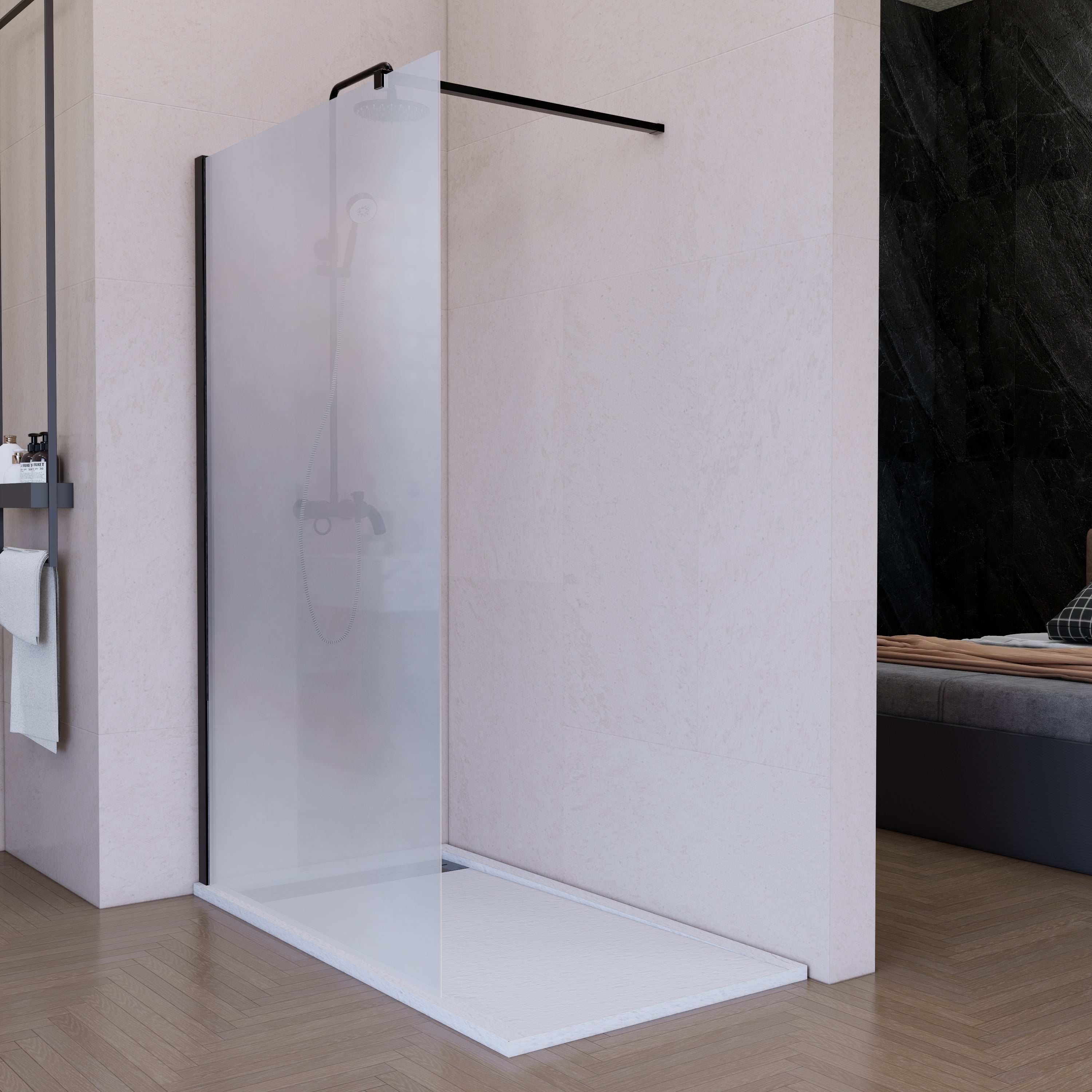 Mampara de ducha fija 60 cm translucida negro mate antical 8mm 200 cm alto - 2