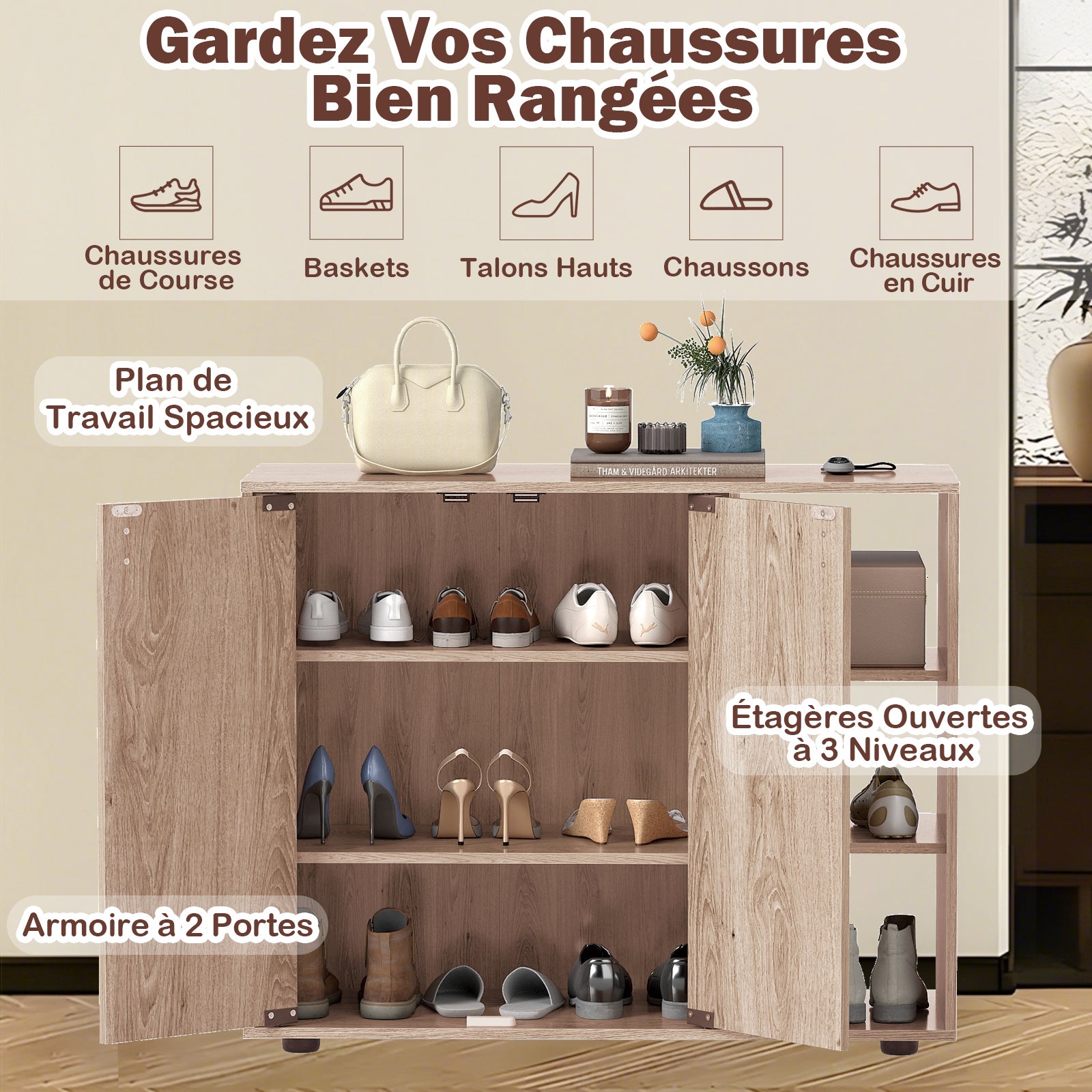 Meuble à Chaussures avec Portes, Range-Chaussures à 3 Niveaux avec Étagères Ouvertes Réglables, pour Entrée, Salon, Placard, 80 x 31 x 64,5 cm, Nature - 2