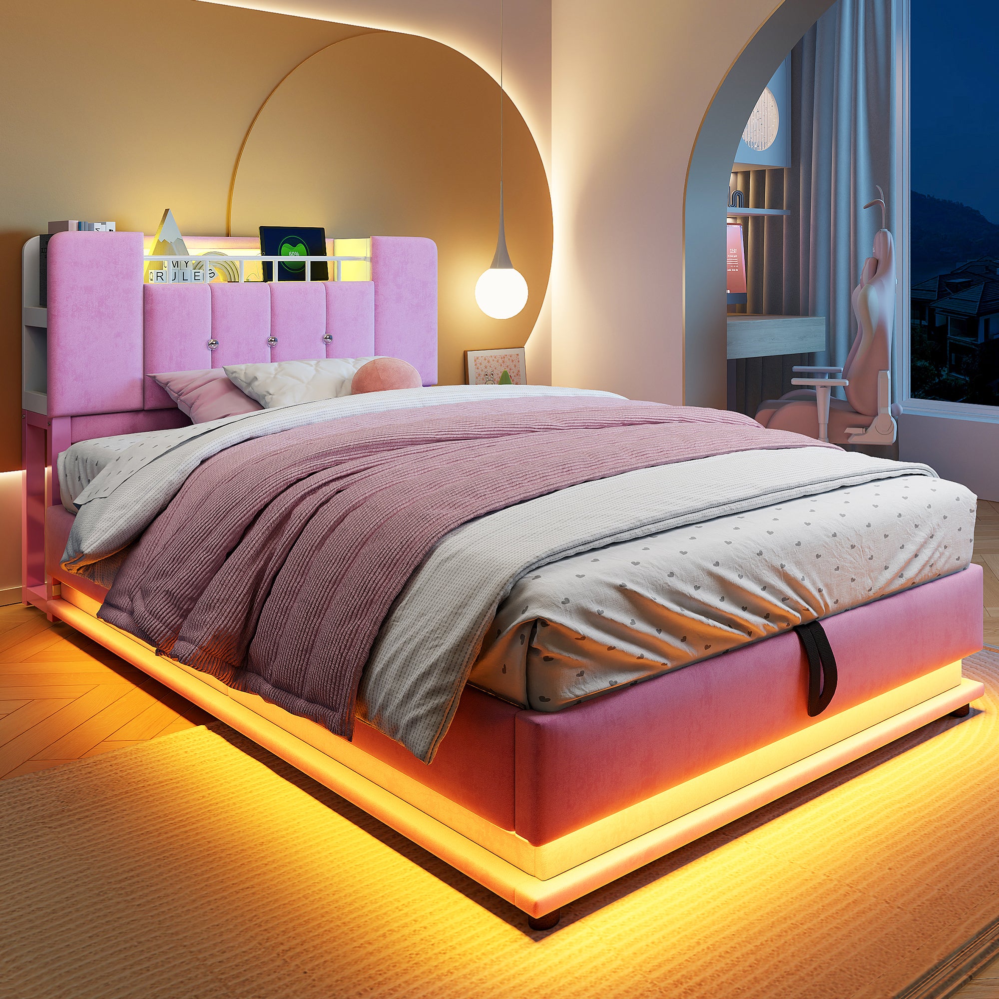 Łóżko z pojemnikiem na pościel 90 x 200 cm i zagłówkiem - Tkanina aksamitna - Diody LED - Porty USB - Różowe (Materac nie jest dołączony) - 2