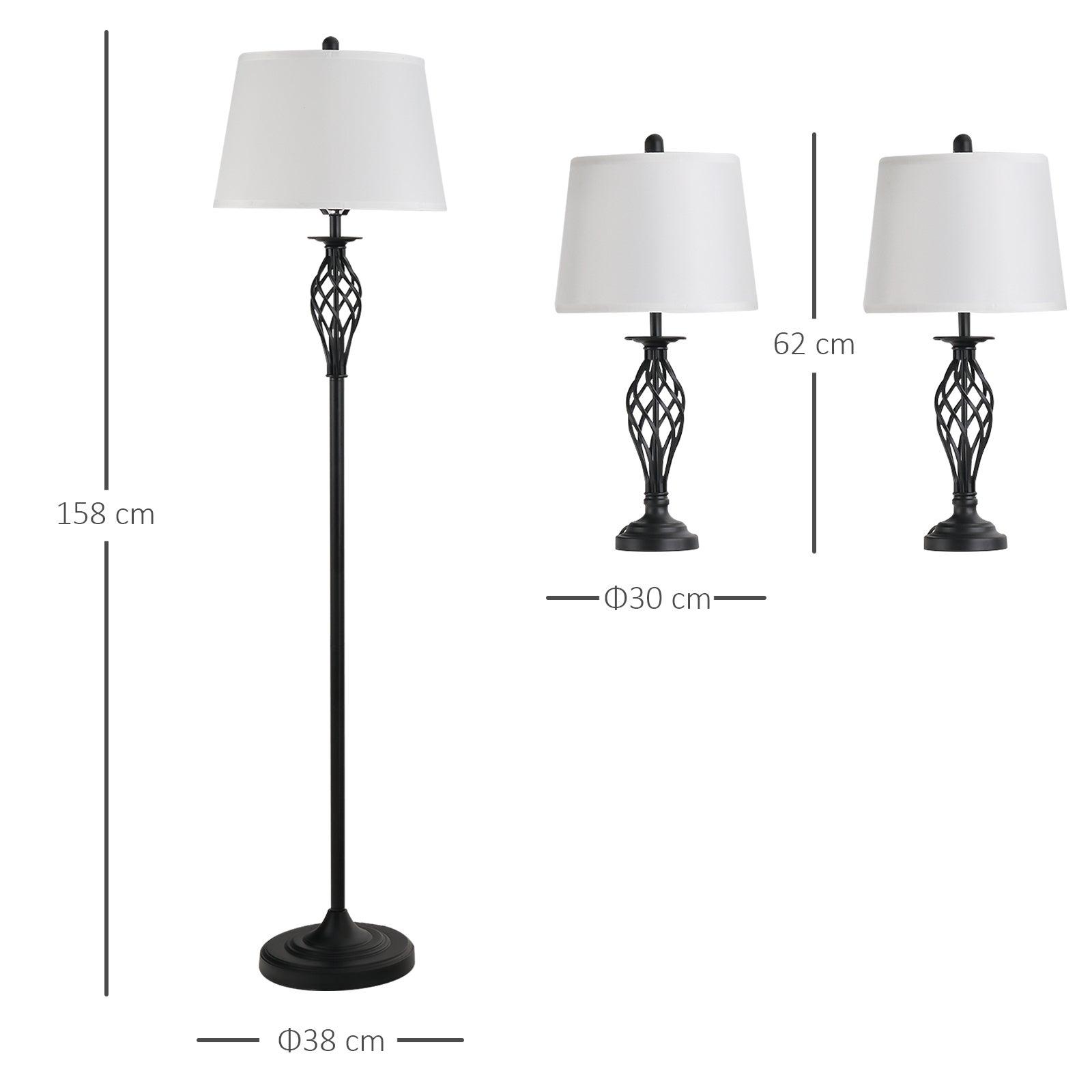 Zestaw 3 czarno-białych lamp w stylu vintage, 2 lampy stołowe i 1 lampa podłogowa, metal i bawełna do salonu - 6