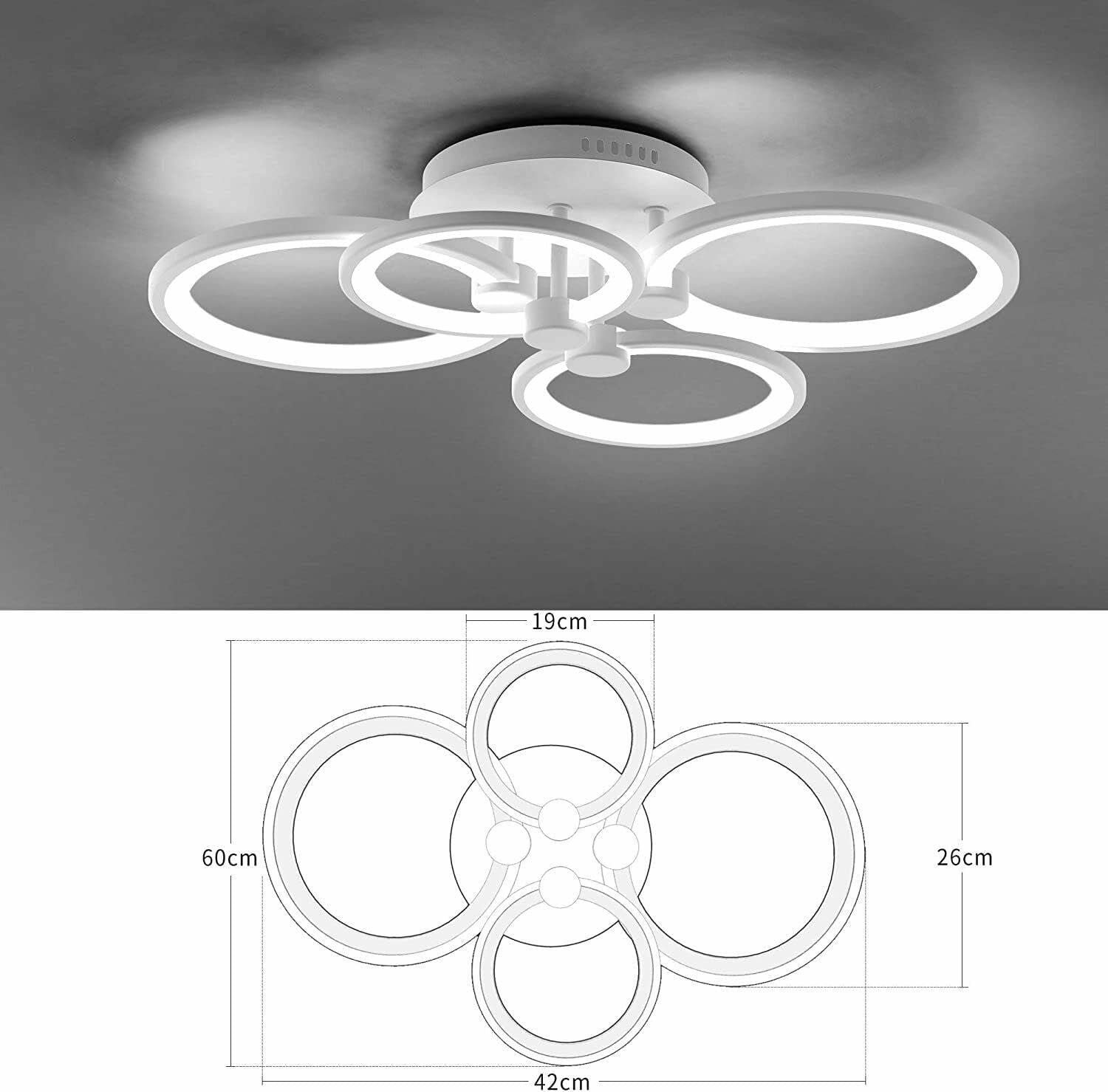 Lampadario LED 4 Cerchi Soffitto 1 Clic Cambio Colore Luce Naturale Calda Fredda 3000K 4000K 6500K Plafoniera Moderna Soggiorno Camera Letto 48W - 4